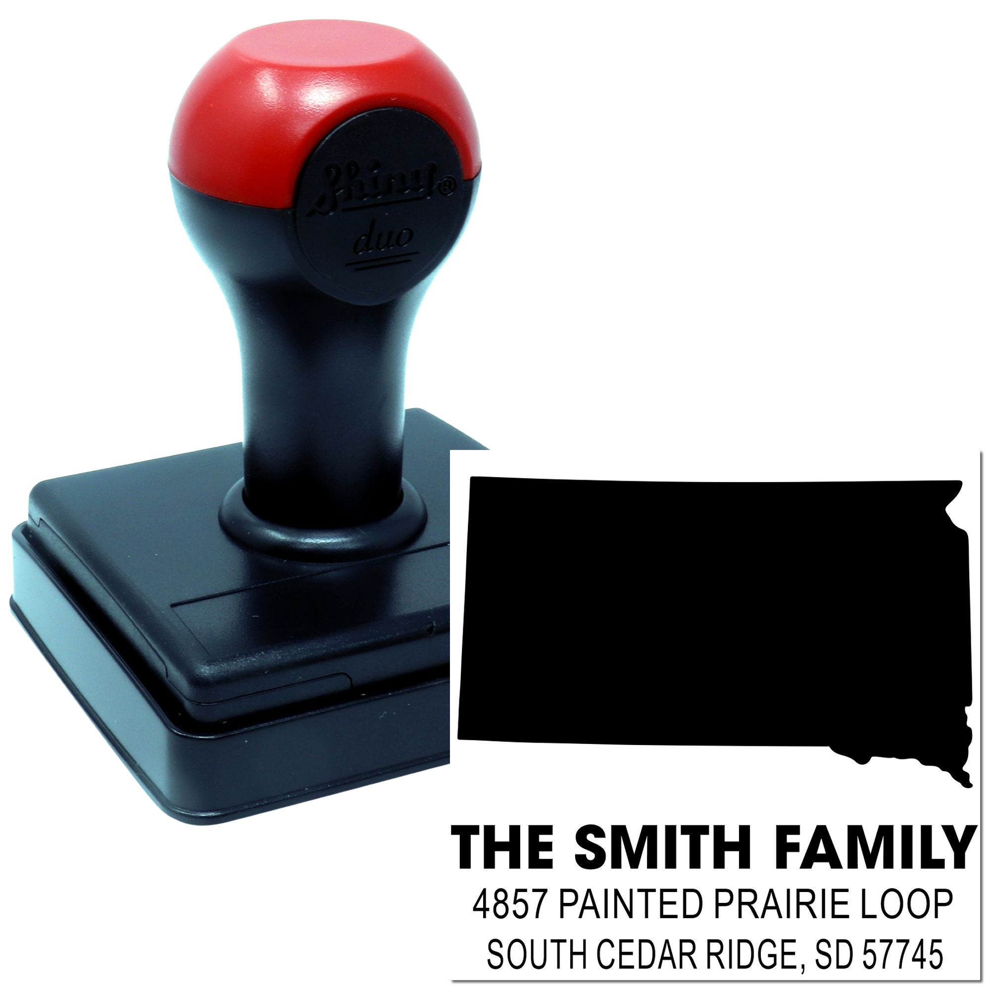 Custom self-inking address rubber stamp with The Smith Family name and South Cedar Ridge, SD 57745 return address imprint.