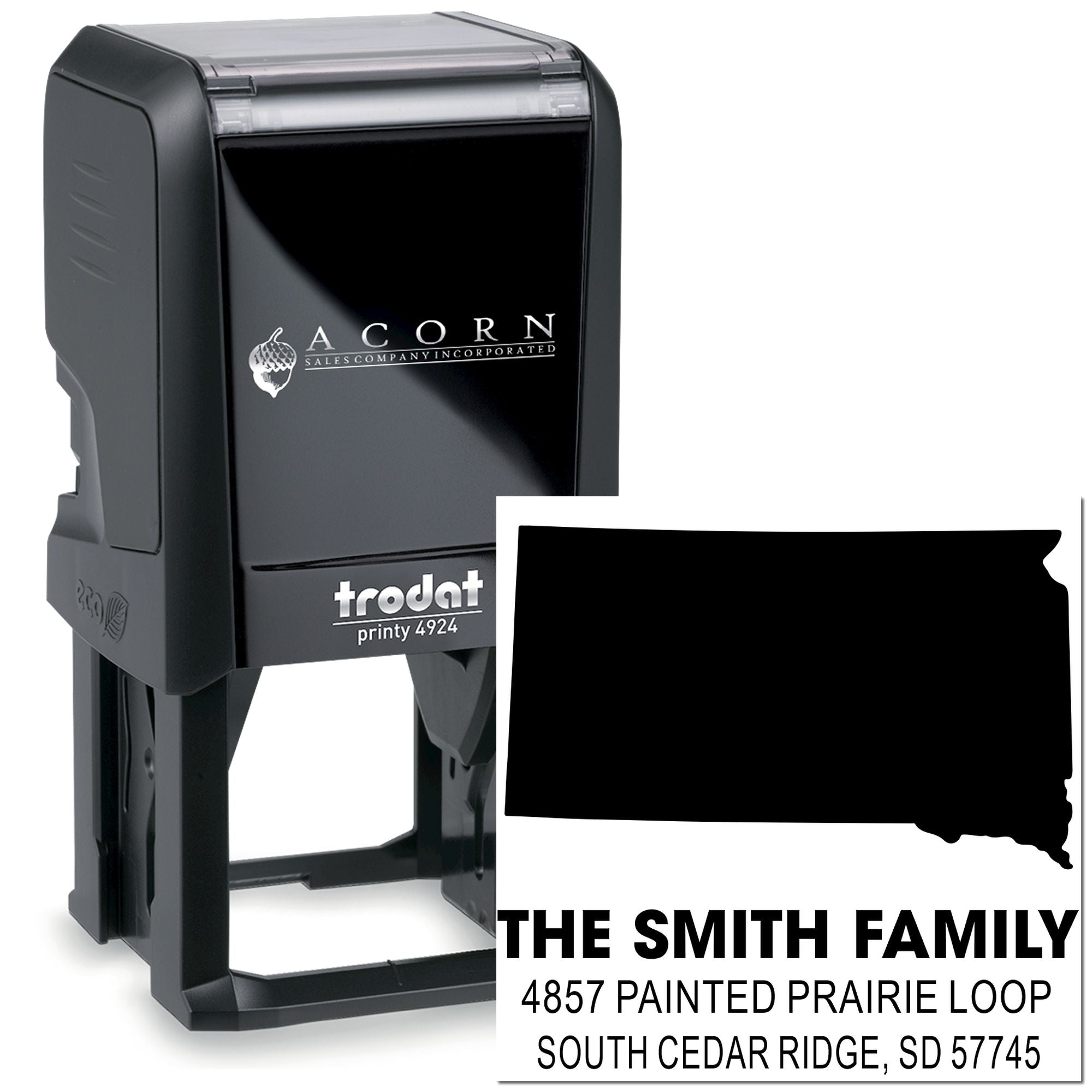 Custom self-inking rubber address stamp with South Dakota outline for The Smith Family, Trodat Printy 4924 personalized mail stamp.