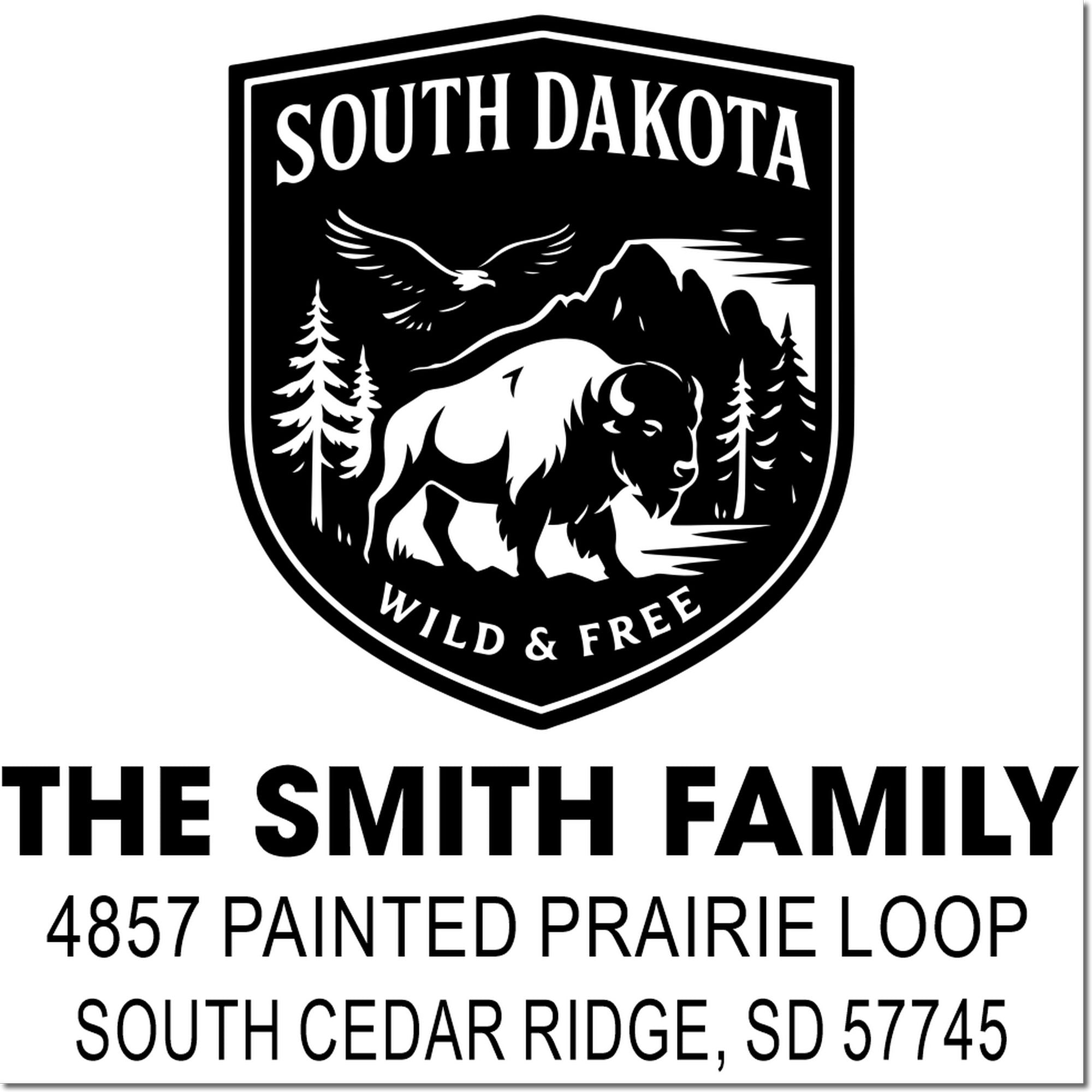 South Dakota bison return address stamp for The Smith Family, 4857 Painted Prairie Loop, South Cedar Ridge, SD 57745.