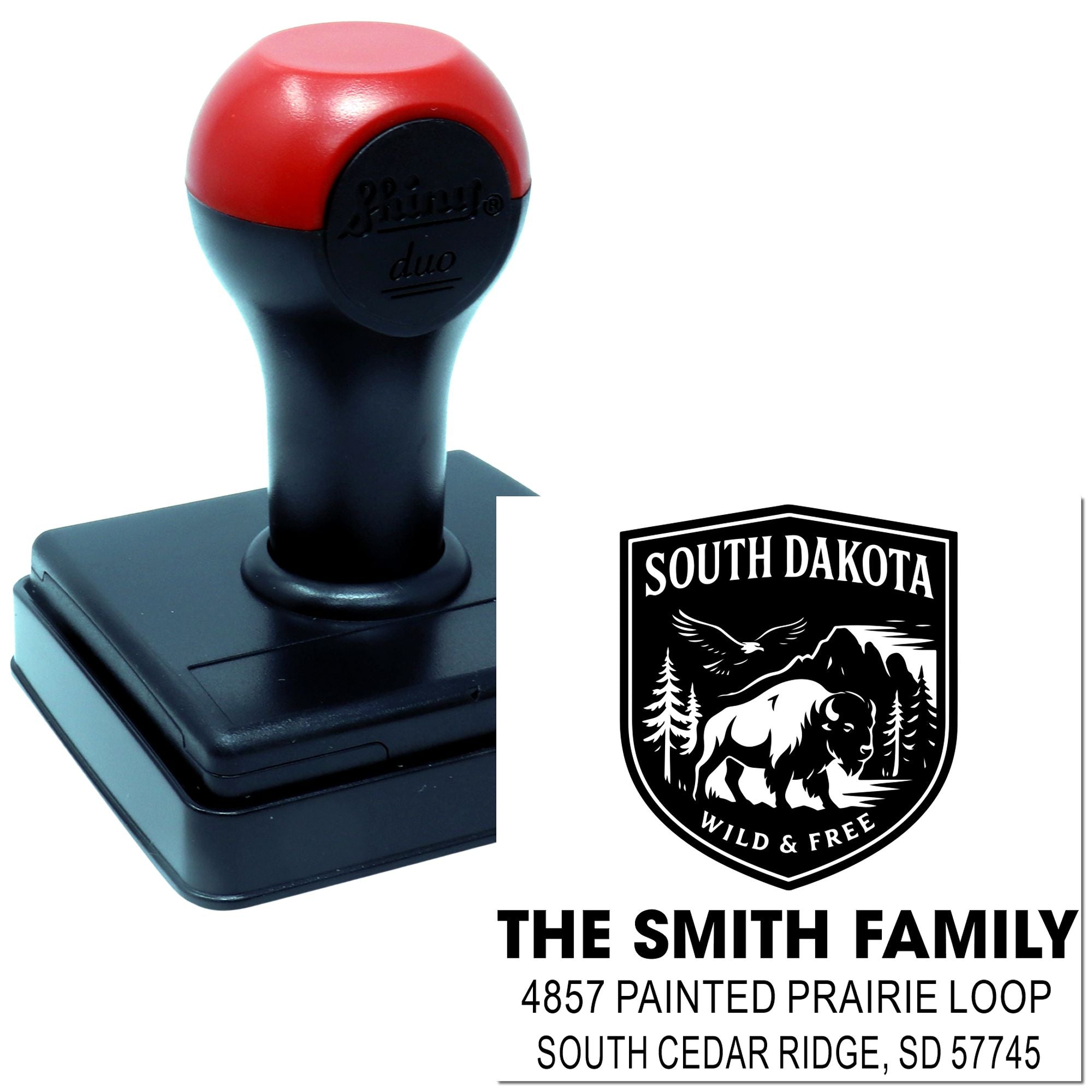 Custom self-inking rubber address stamp with South Dakota wildlife shield and Smith Family name for personalized mail.