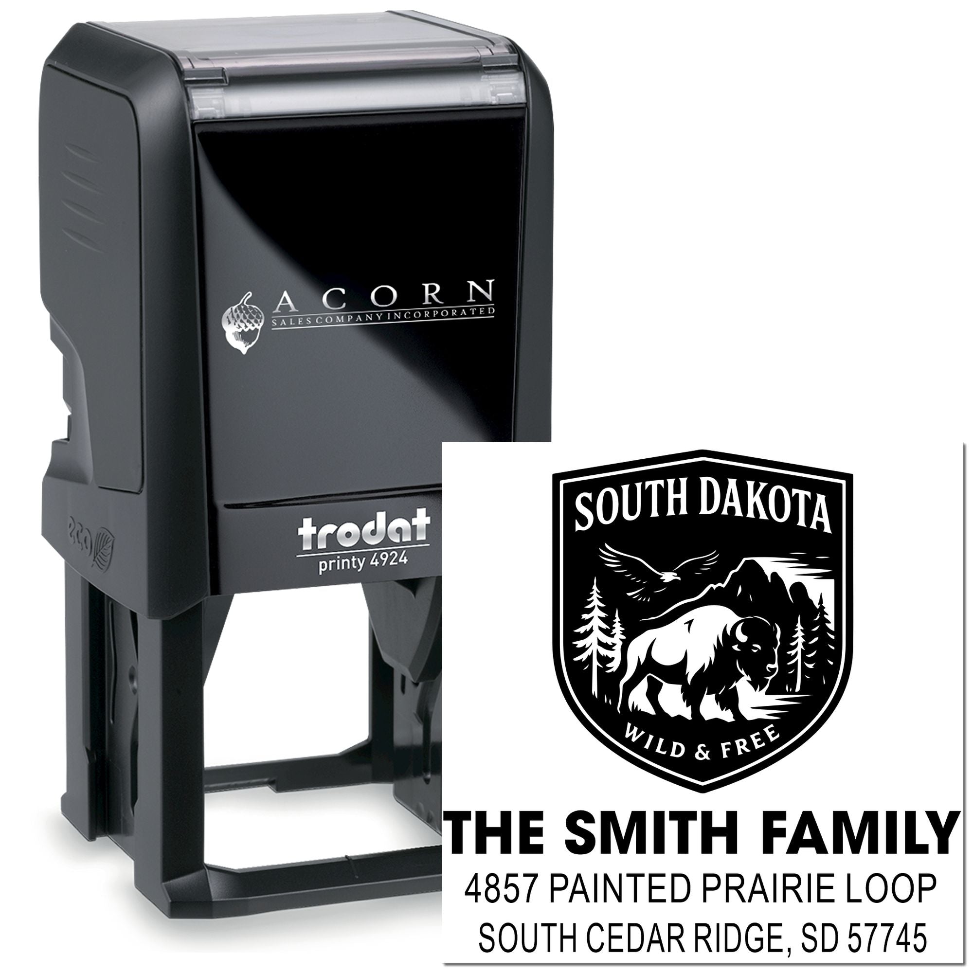 Trodat Printy 4924 custom self-inking address rubber stamp with South Dakota wildlife design for The Smith Family.