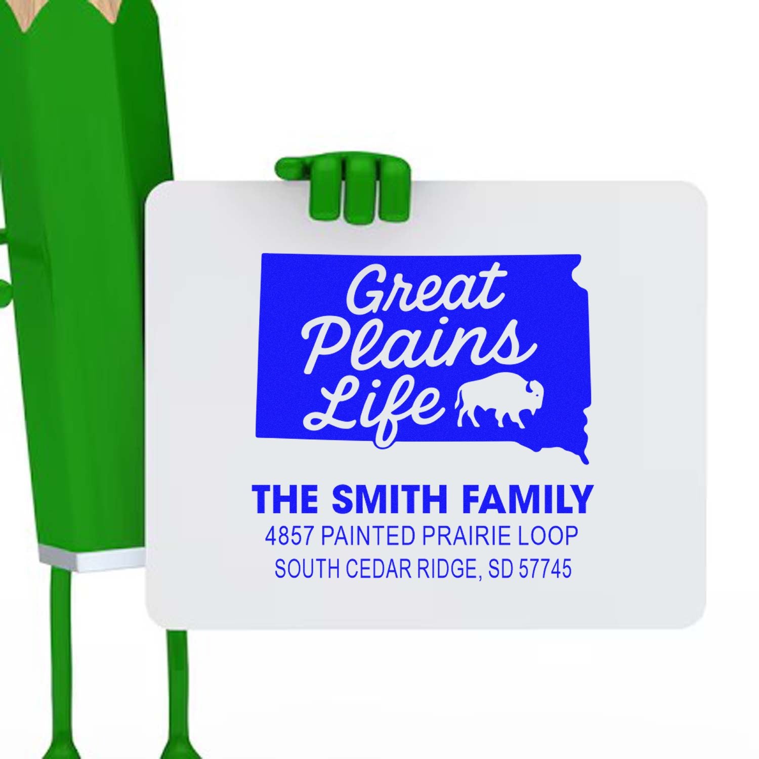 Custom Great Plains Life return address rubber stamp for The Smith Family, featuring South Dakota outline and bison.