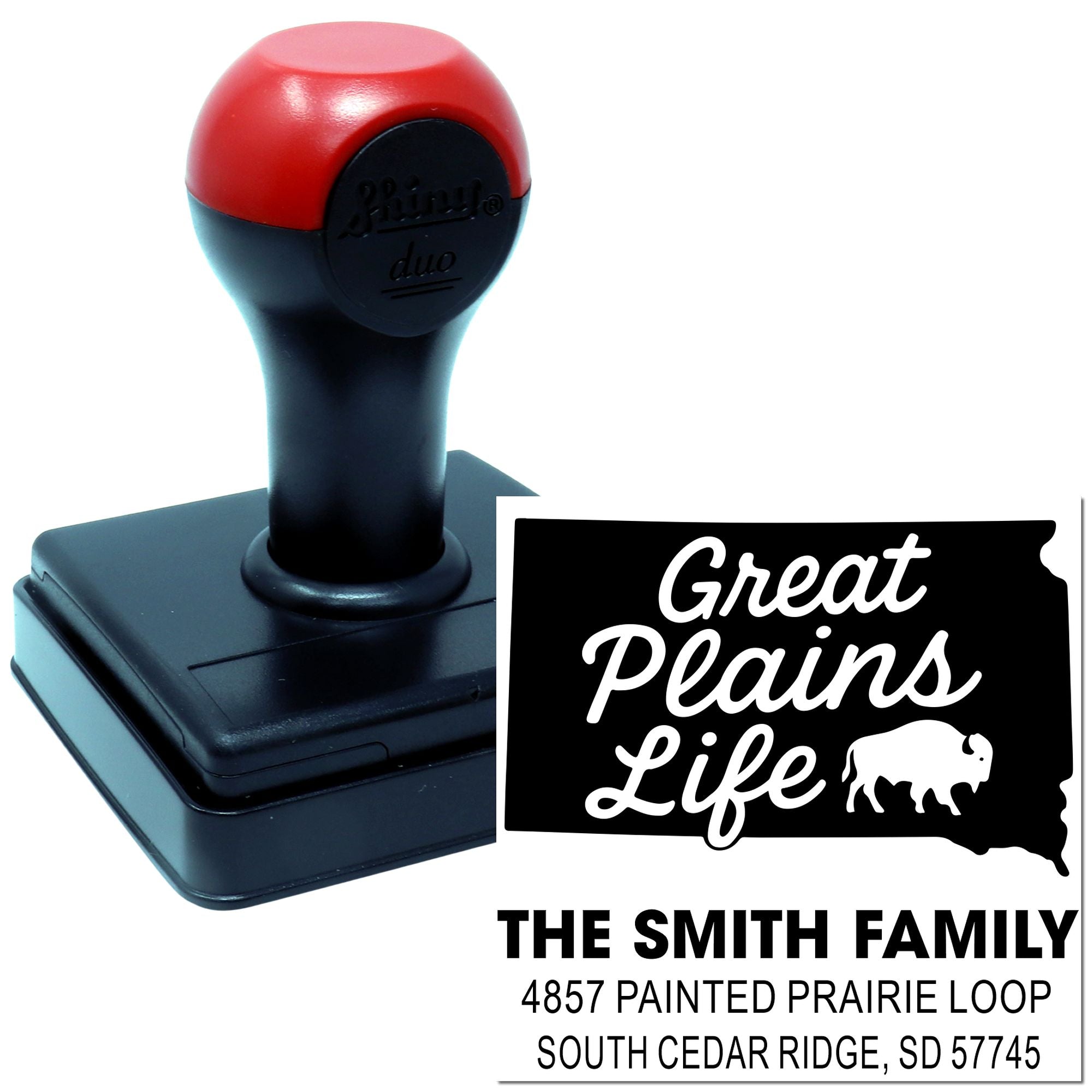 Custom rubber address stamp for The Smith Family, Great Plains Life, with South Cedar Ridge, SD return address.