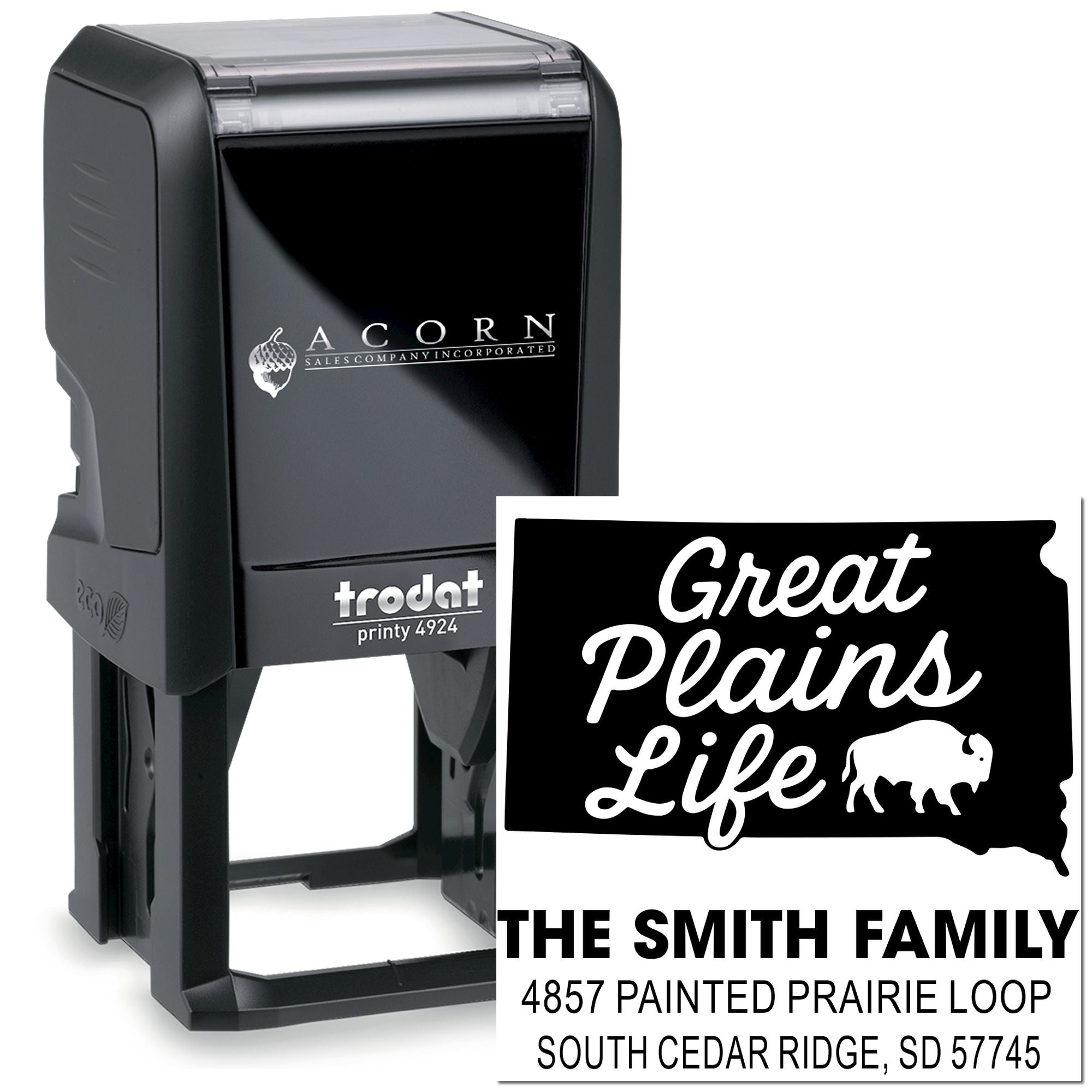 Custom self-inking rubber stamp for address labels featuring Great Plains Life design and the Smith family return address.