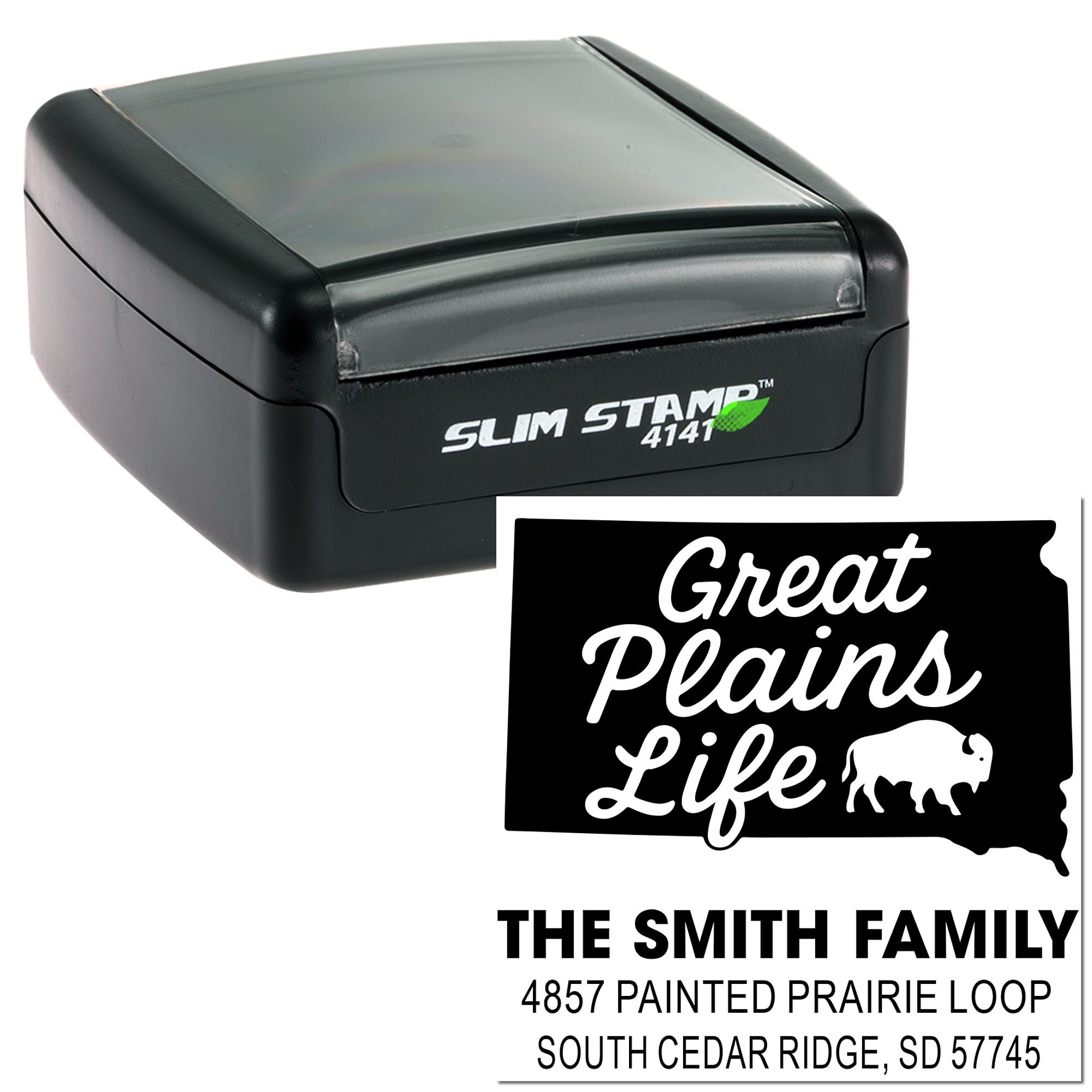 Custom self-inking rubber address stamp with Great Plains Life design for The Smith Family return mail imprint.