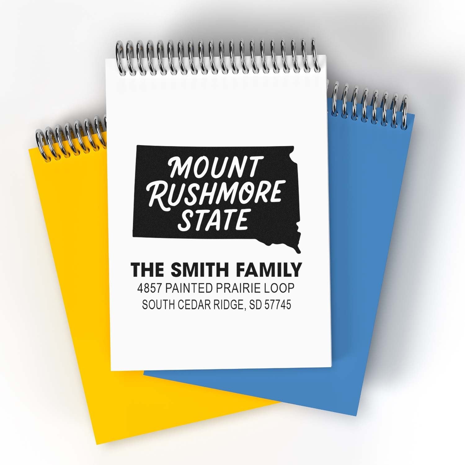 Custom South Dakota return address rubber stamp with Mount Rushmore State design for The Smith Family.