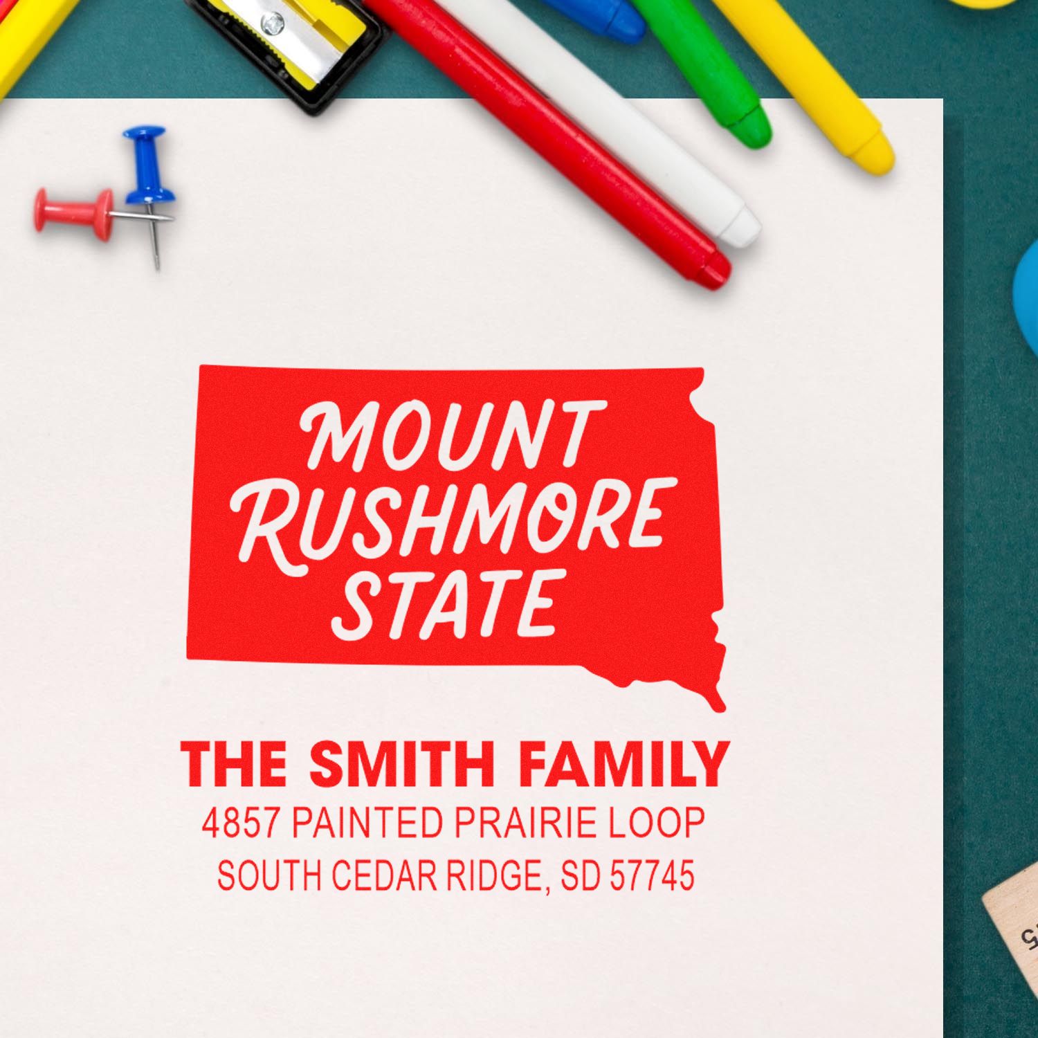 Custom address rubber stamp design for The Smith Family, featuring Mount Rushmore State and South Cedar Ridge, SD.