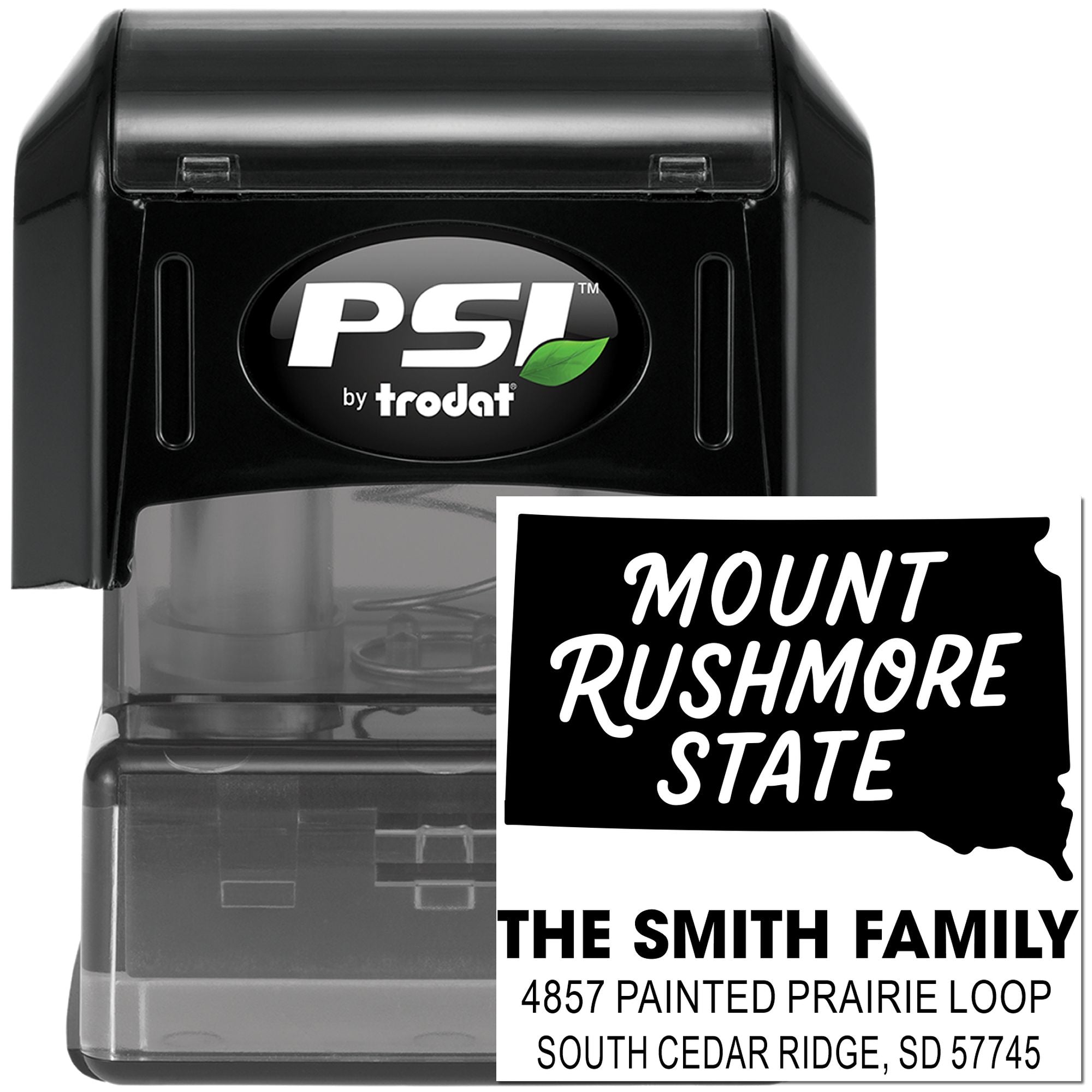 PSI by Trodat self-inking rubber stamp with custom Mount Rushmore State address design for The Smith Family