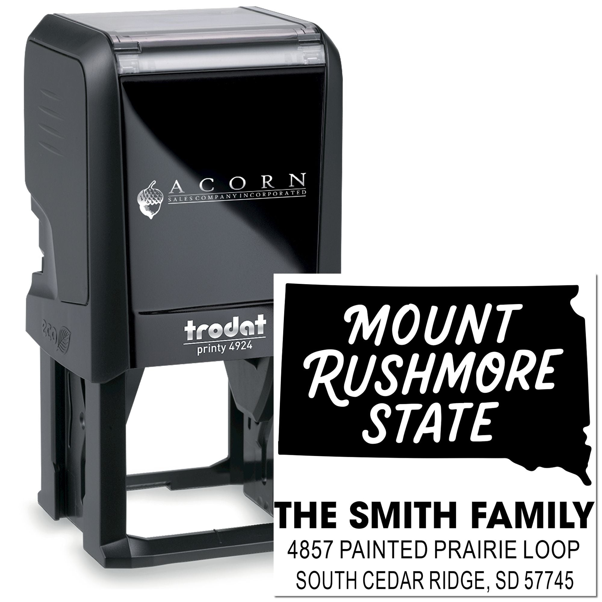 Custom self-inking address rubber stamp, Trodat Printy 4924, with South Dakota Mount Rushmore State design.