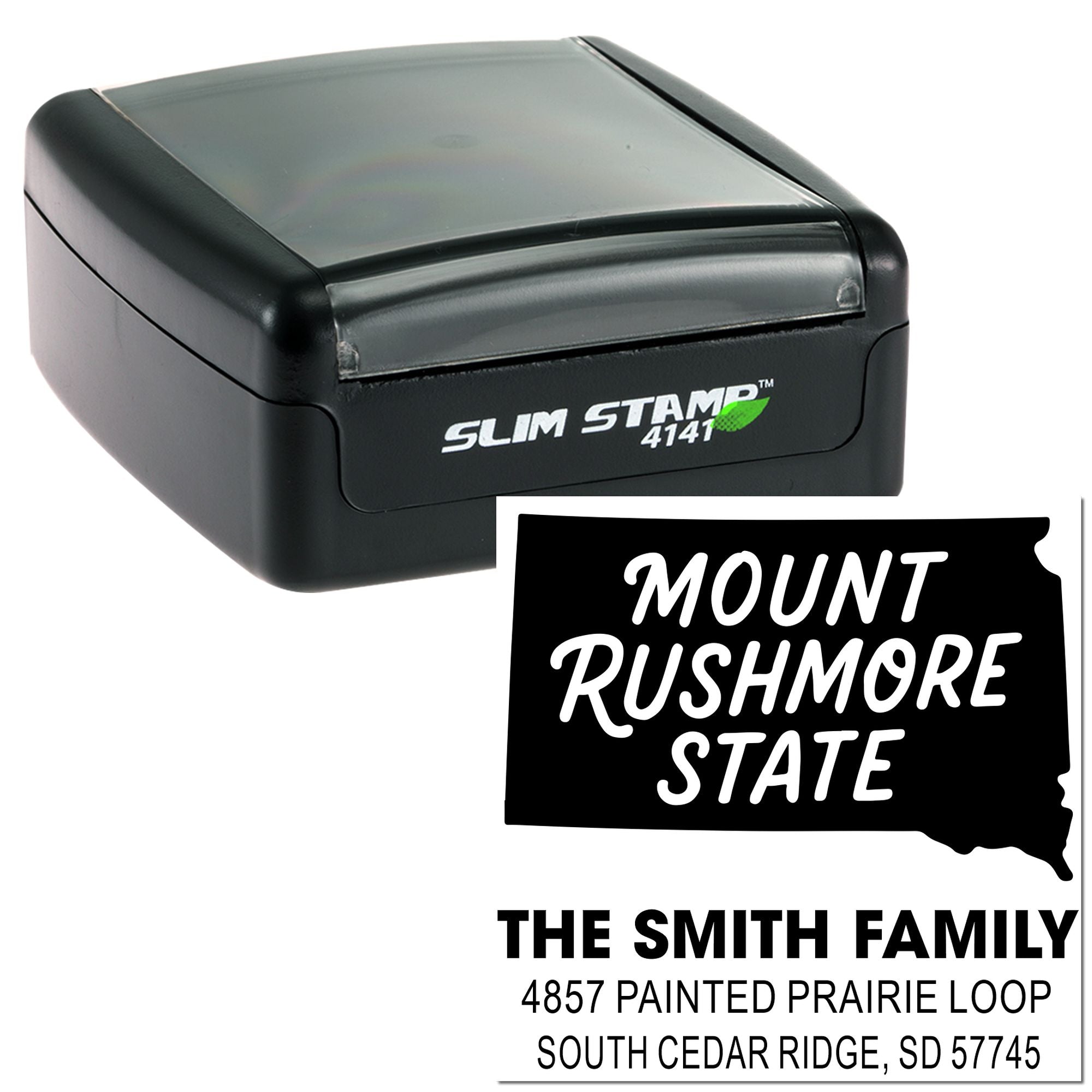 Custom South Dakota return address rubber stamp with family name and mailing address in a slim self-inking stamp.
