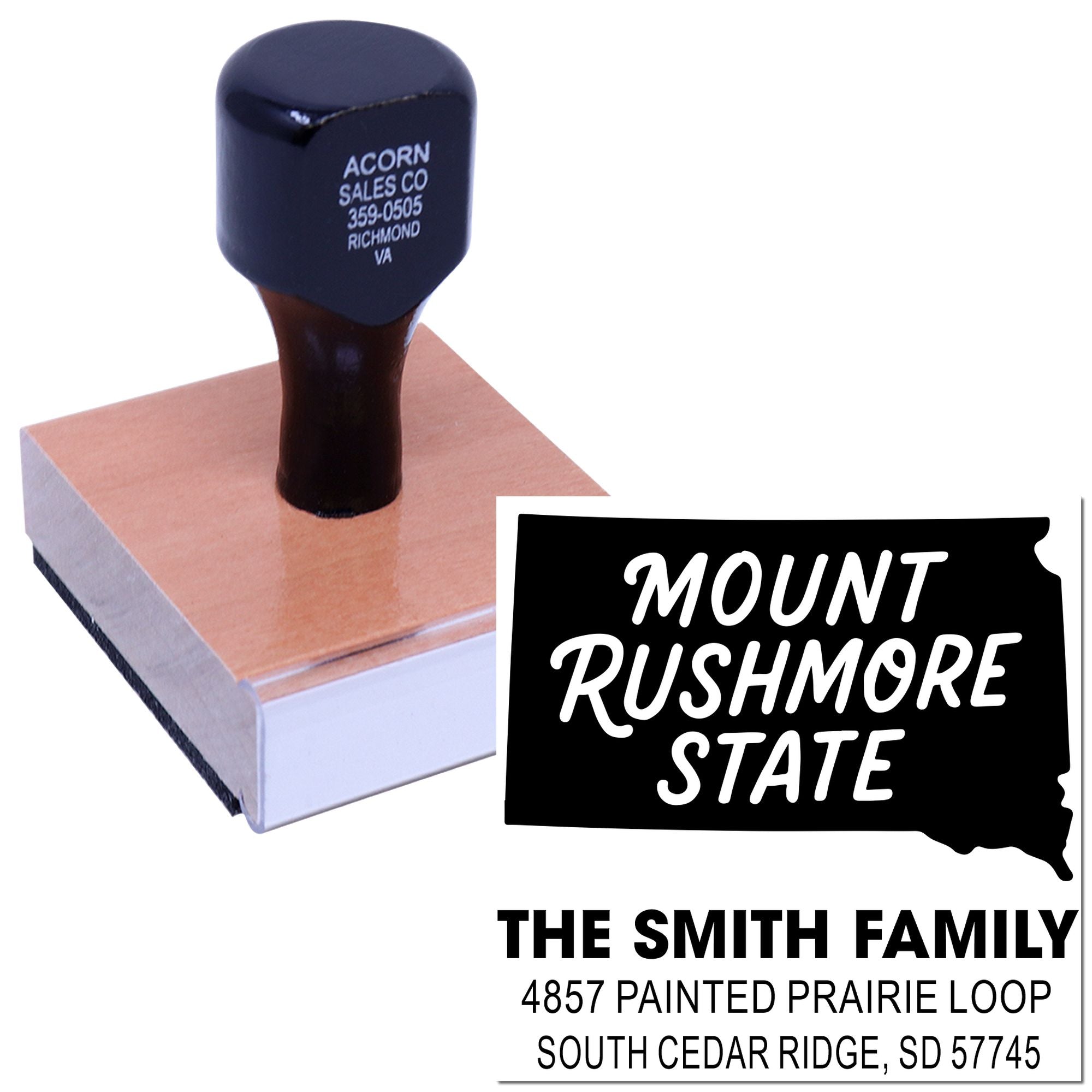 Personalized South Dakota return address rubber stamp with state shape and family name for envelopes and mailing.