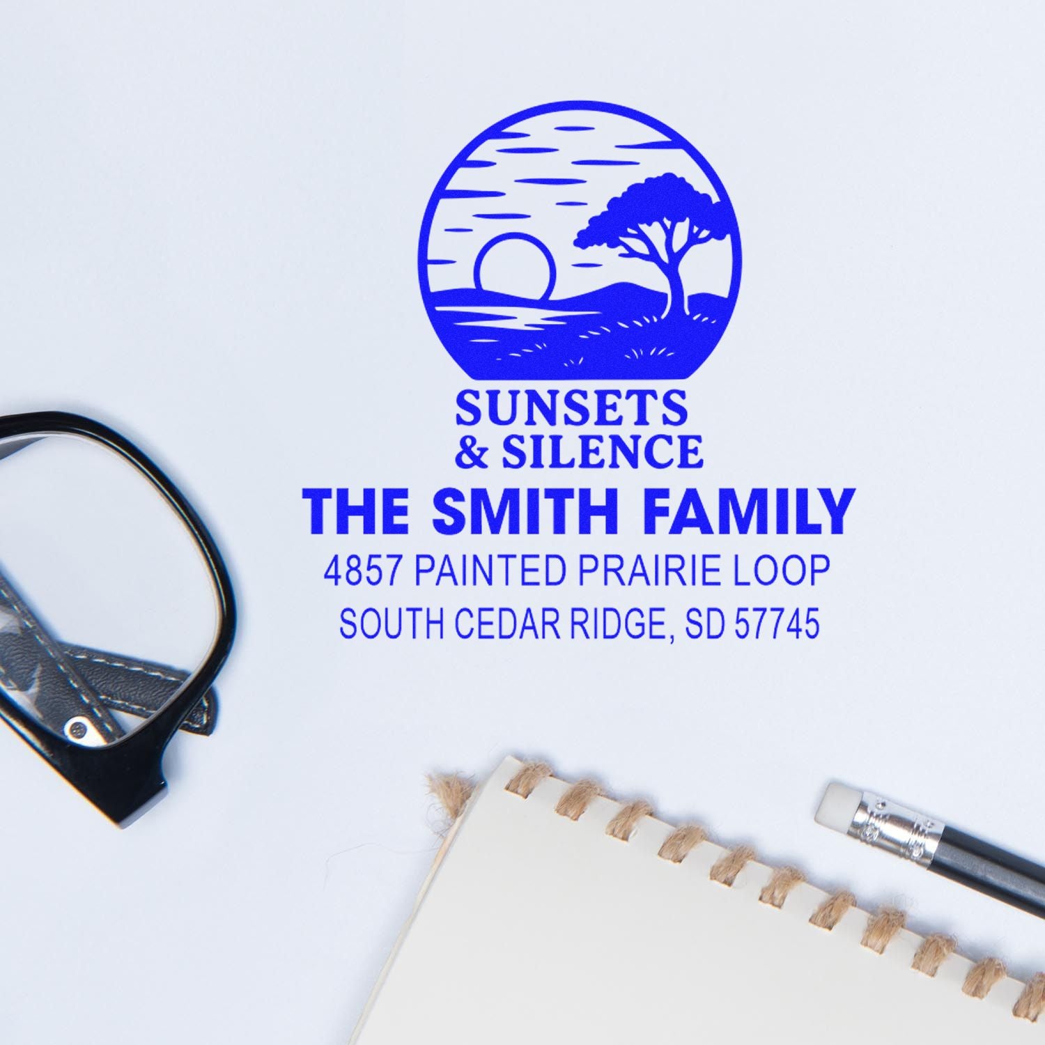Custom rubber address stamp with sunset logo for The Smith Family and South Cedar Ridge, SD mailing address.