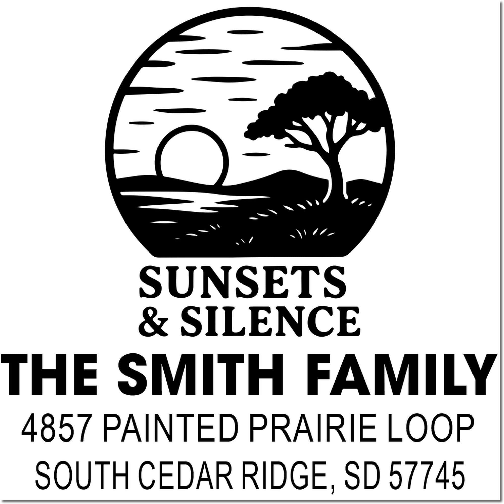 Custom return address rubber stamp for The Smith Family, 4857 Painted Prairie Loop, South Cedar Ridge, SD 57745, with sunset logo.