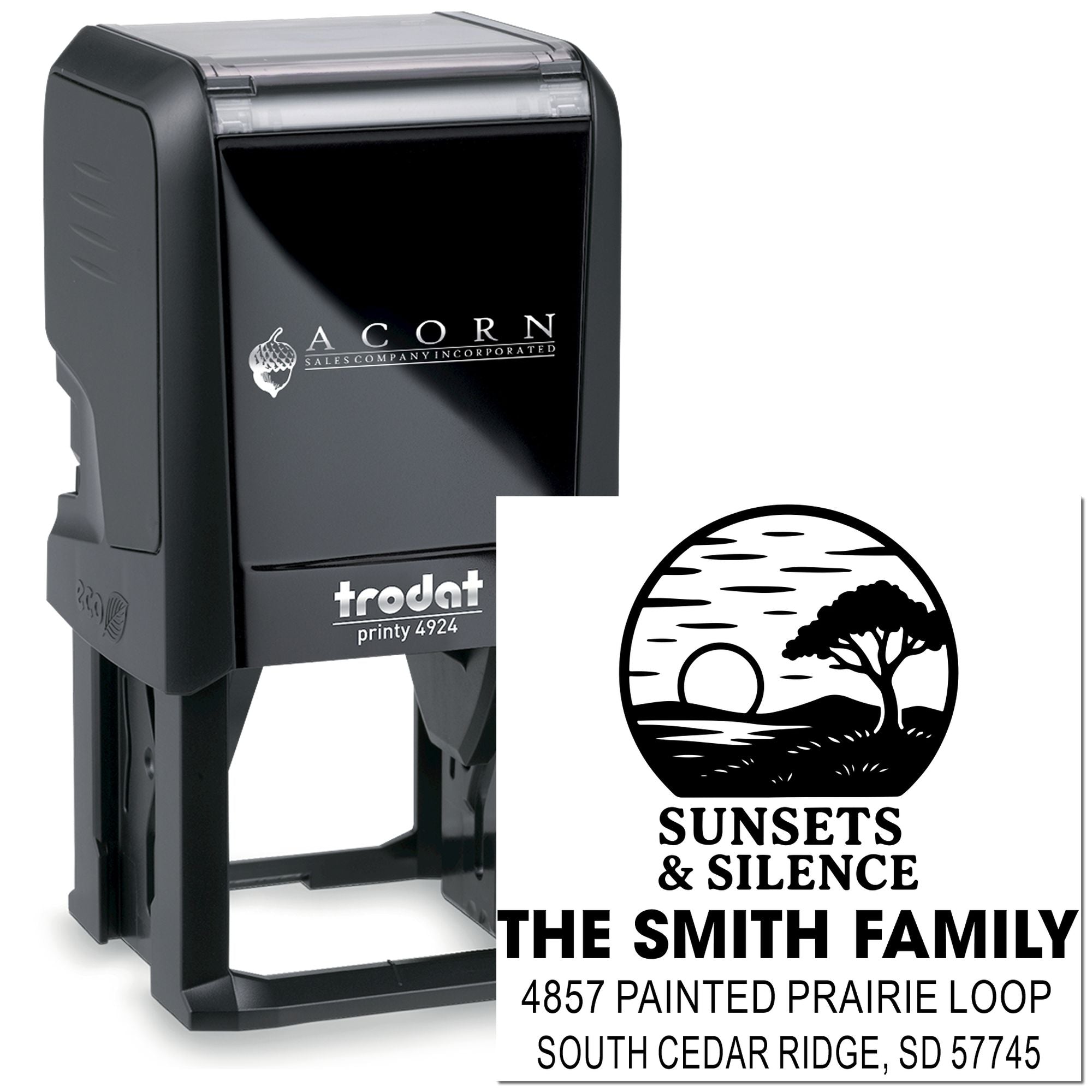 Custom self-inking return address rubber stamp with sunset logo, The Smith Family, Trodat Printy 4924.