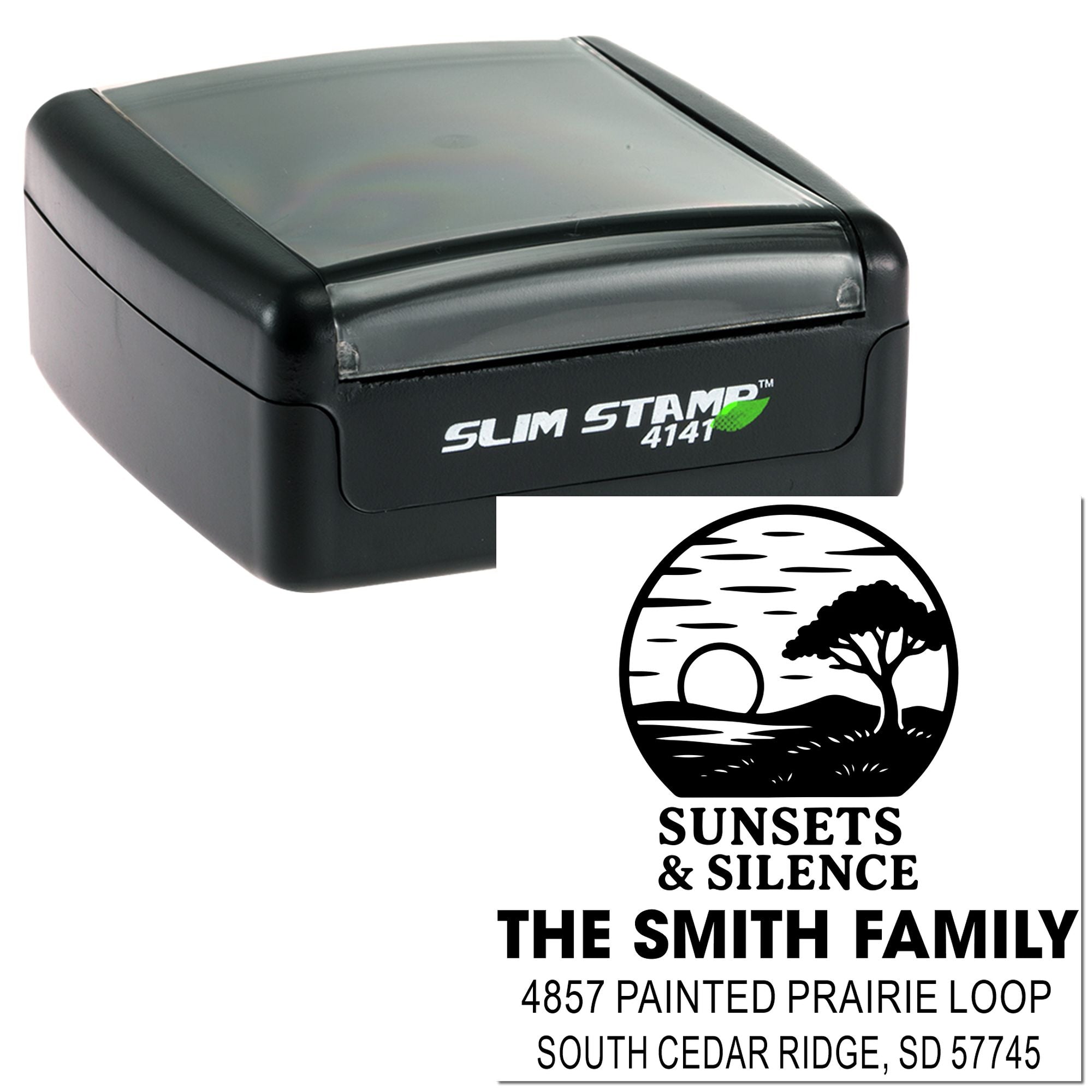 Custom self-inking address rubber stamp with Slim Stamp 4141, Sunsets & Silence logo, The Smith Family return address imprint.