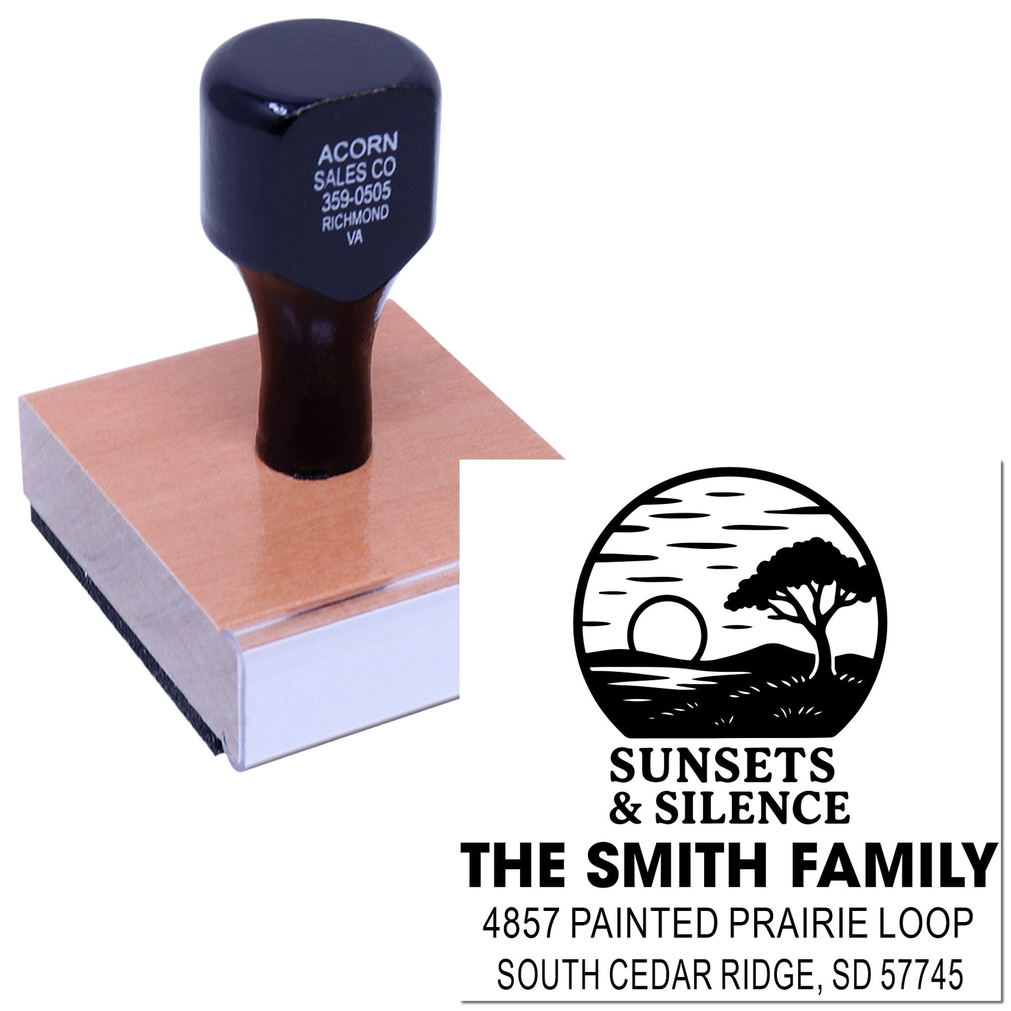 Custom family address rubber stamp with sunset logo, name, and mailing address for personalized envelopes.