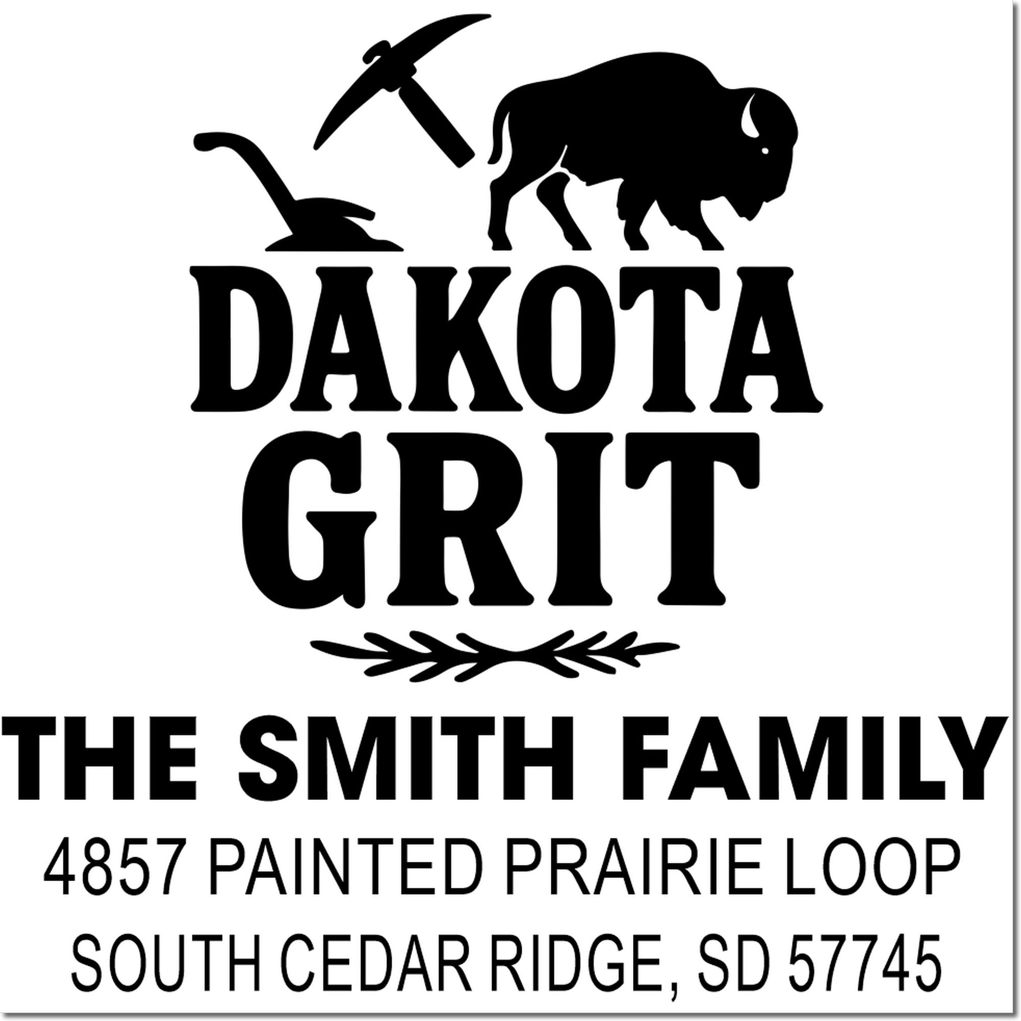 Custom Dakota Grit return address rubber stamp for The Smith Family, South Cedar Ridge, SD, with buffalo and pickaxe design.