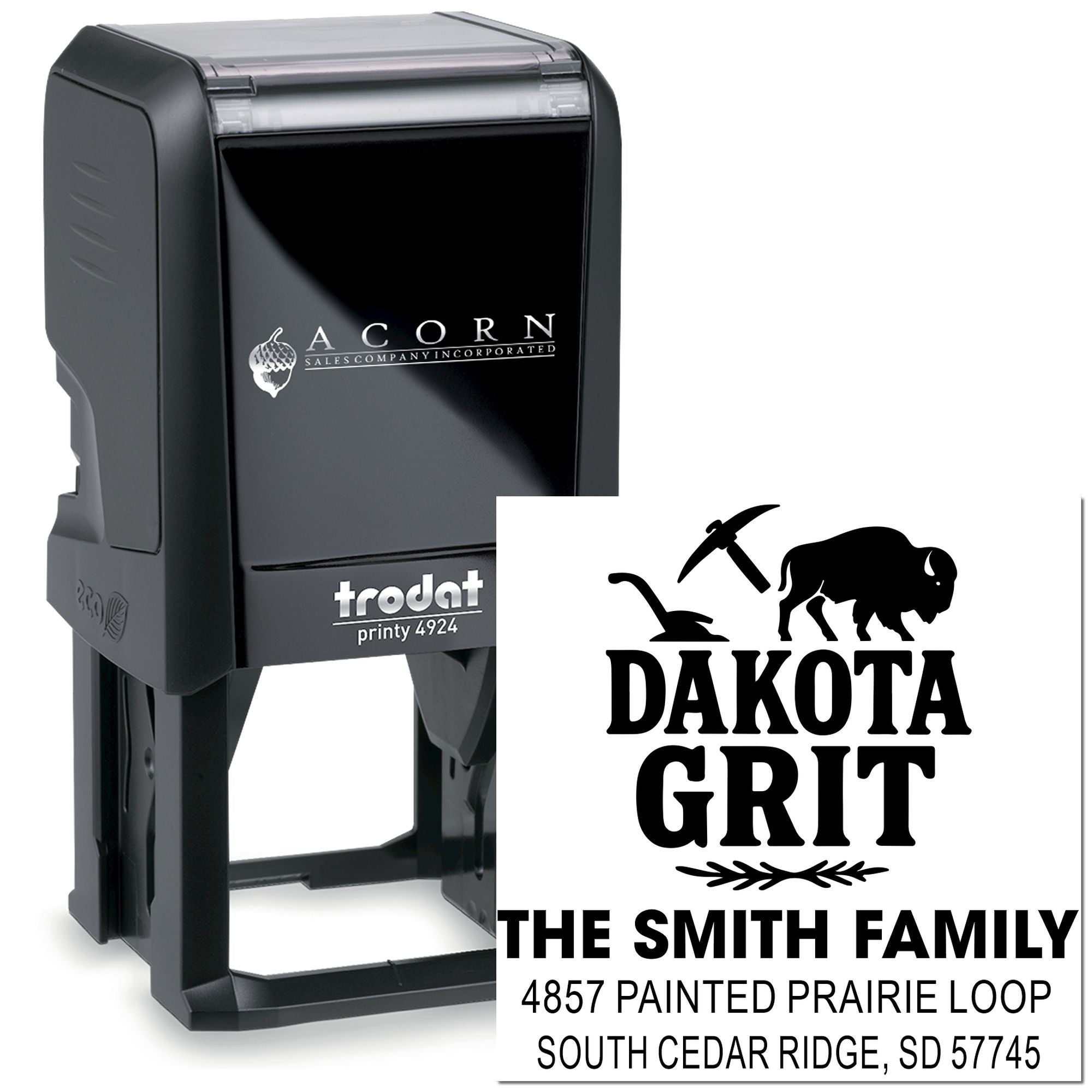 Custom self-inking rubber address stamp, Trodat Printy 4924, with Dakota Grit family return address design.