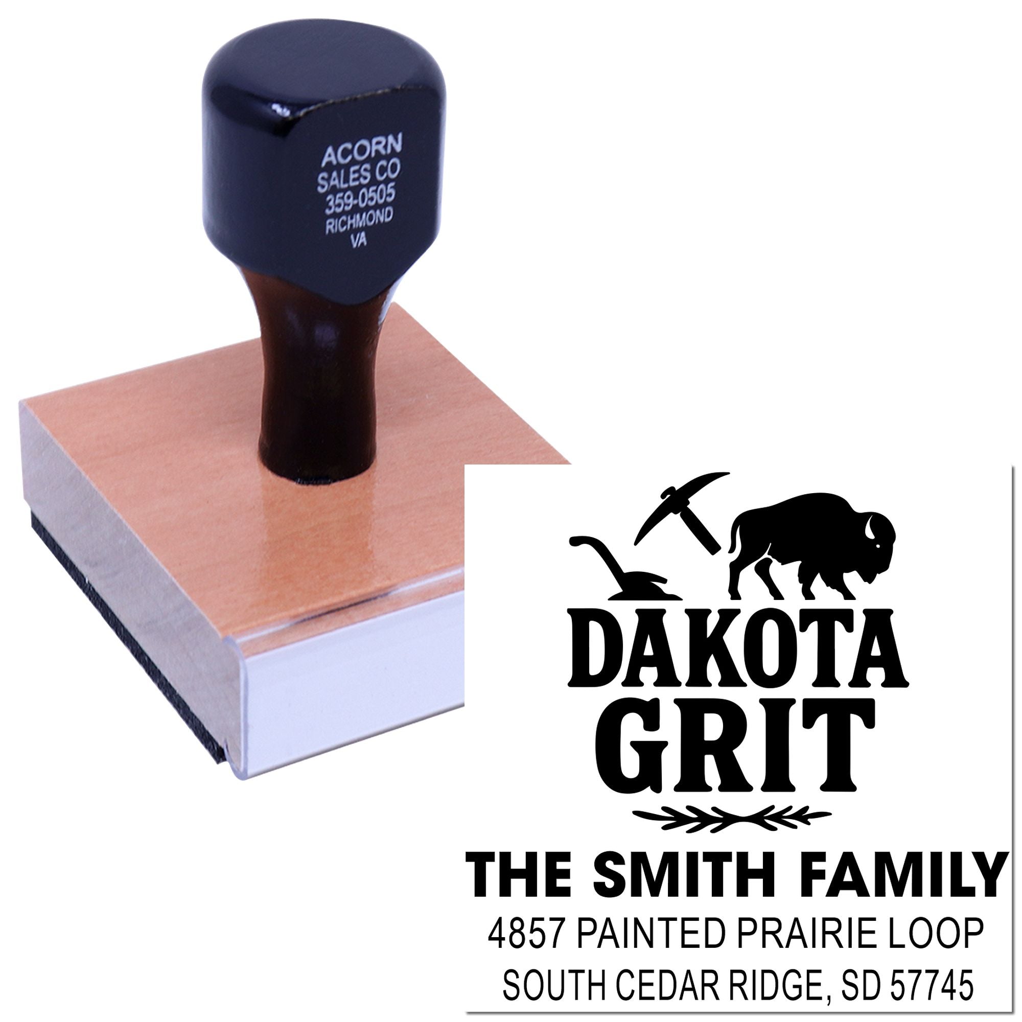 Custom rubber address stamp for Dakota Grit featuring family name and South Cedar Ridge, SD return address.