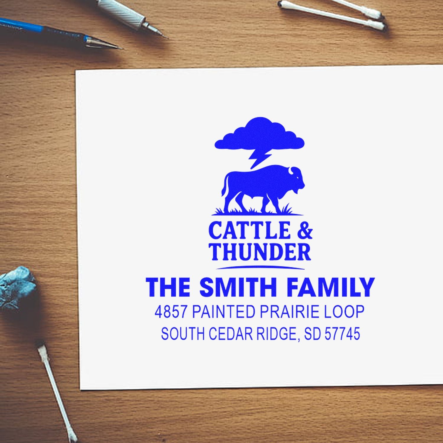 Custom cattle and thunder return address rubber stamp with family name and ranch address for personalized mail.
