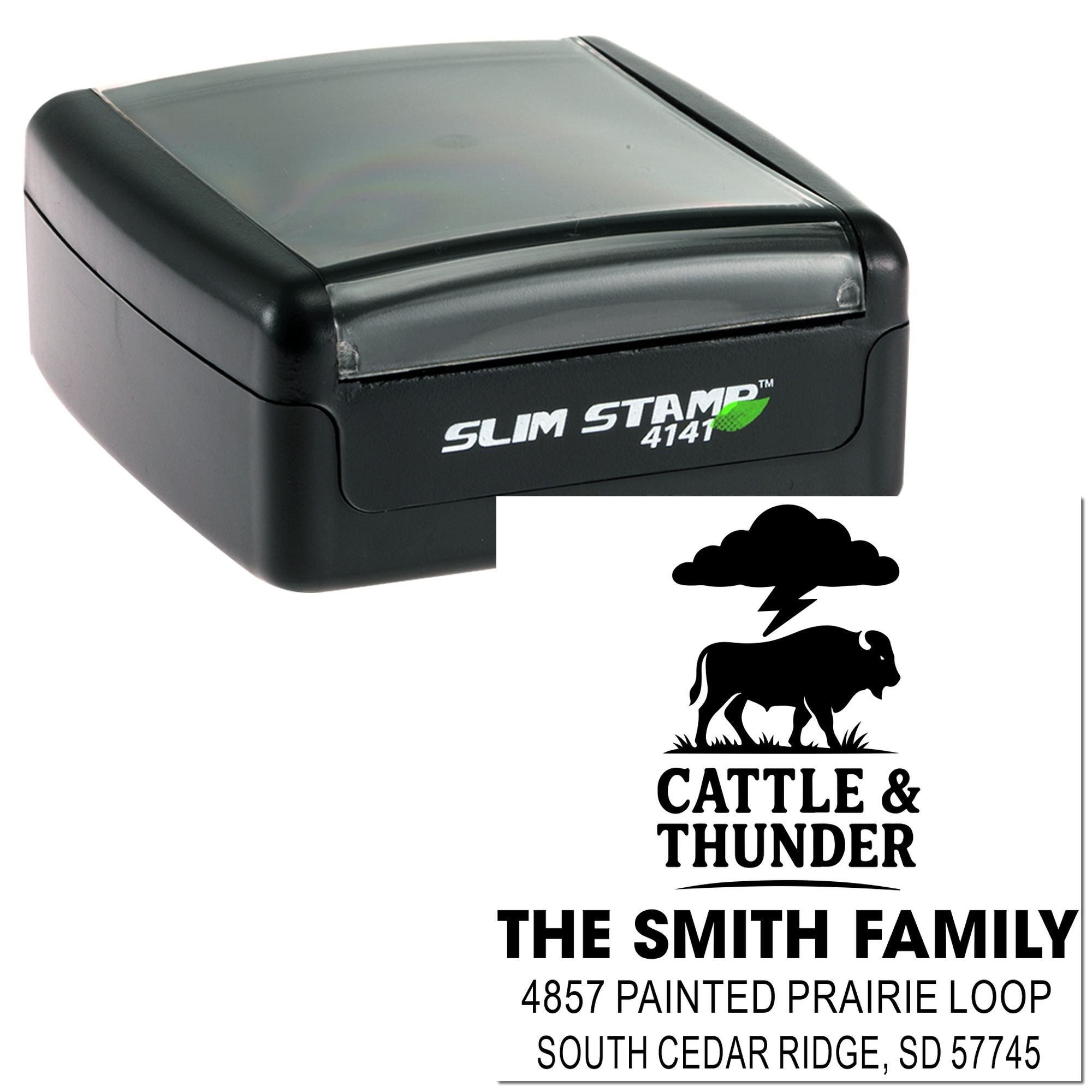 Slim Stamp 4141 custom self-inking address stamp with Cattle & Thunder logo for The Smith Family.