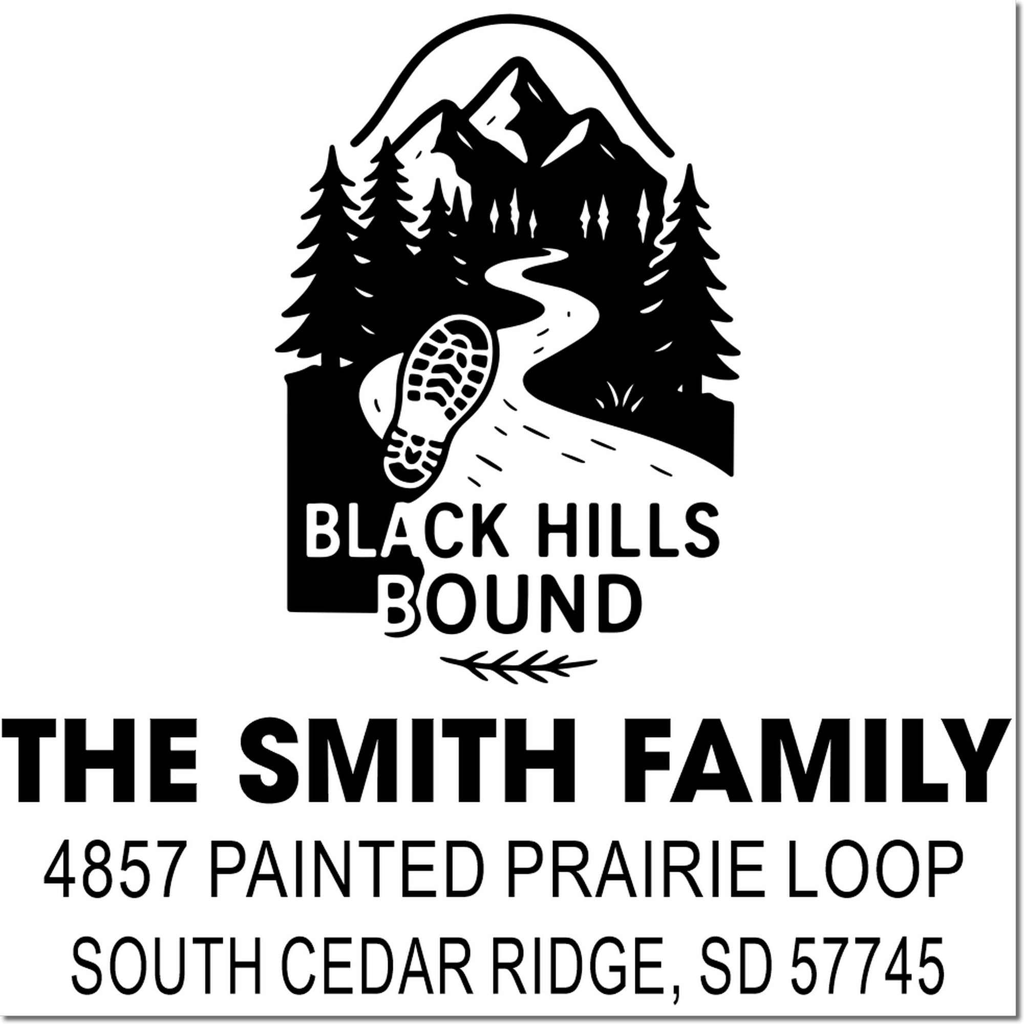 Custom Black Hills Bound return address rubber stamp for The Smith Family, with mountain hiking design and South Cedar Ridge, SD address.