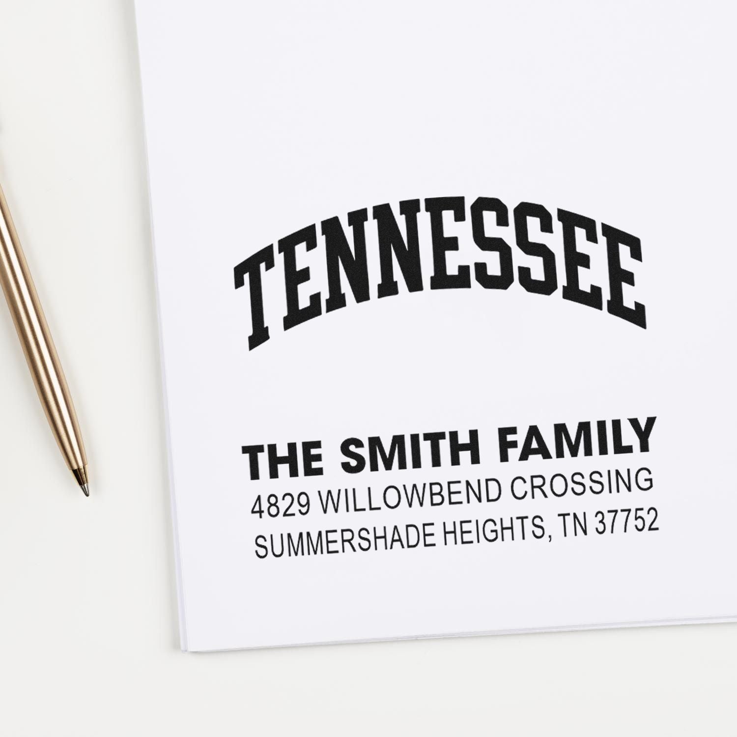 Custom Tennessee address rubber stamp for The Smith Family, featuring name, street address, city, and ZIP code.