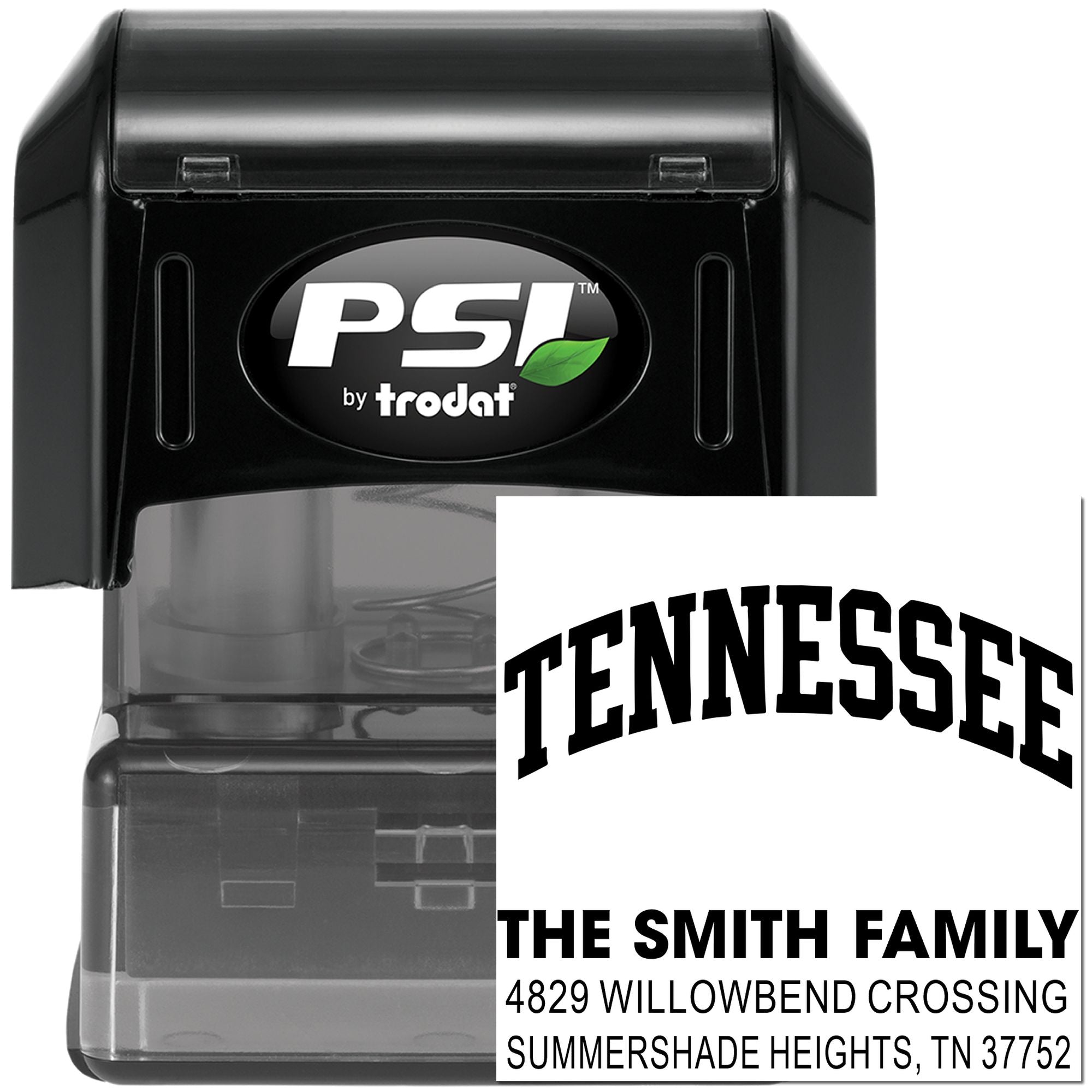 Custom self-inking address stamp by PSI Trodat with Tennessee family name and return address imprint.