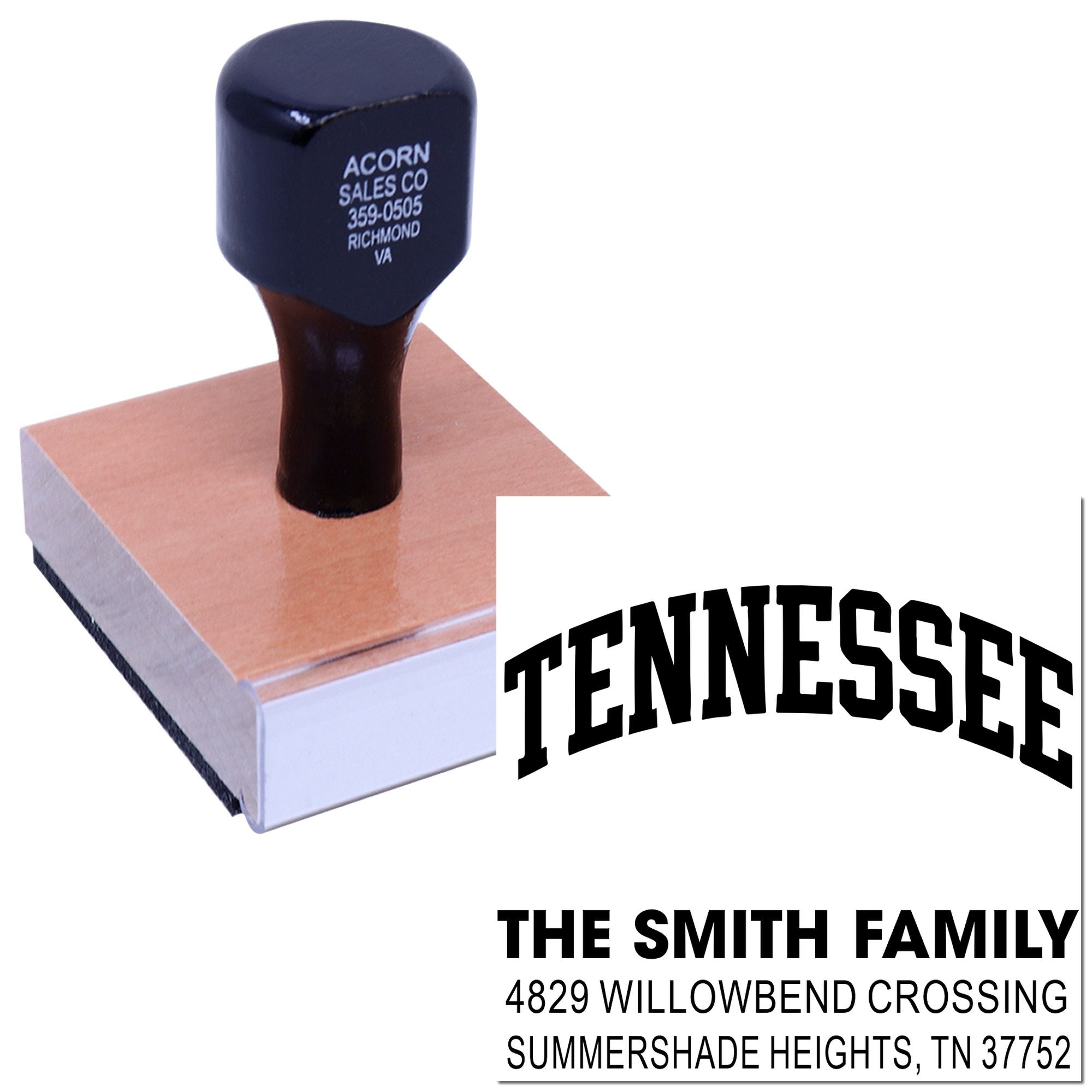 Custom Tennessee address rubber stamp with family name and mailing address for personalized business or return mail use