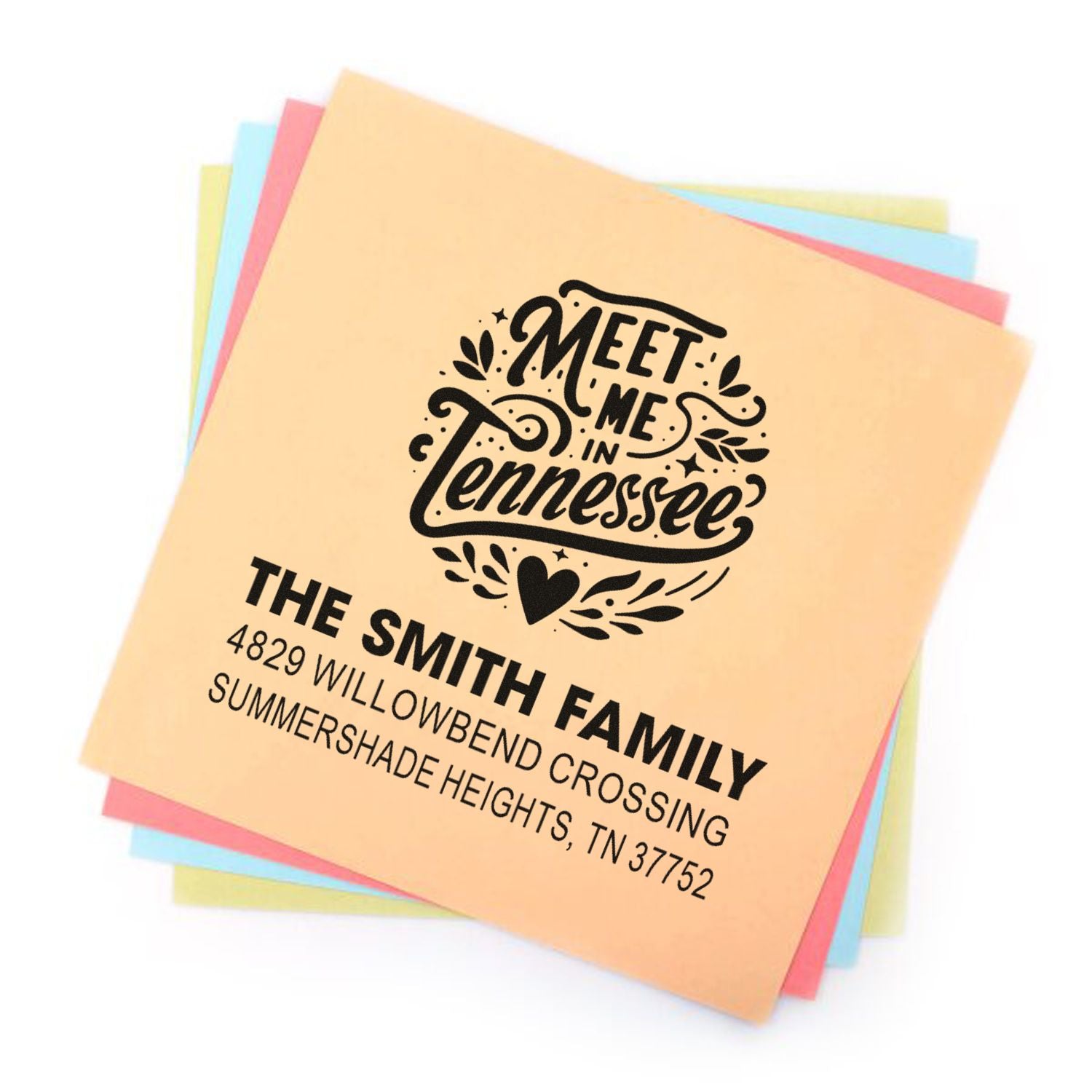 Custom rubber stamp with Meet Me in Tennessee design and family return address for personalized stationery.