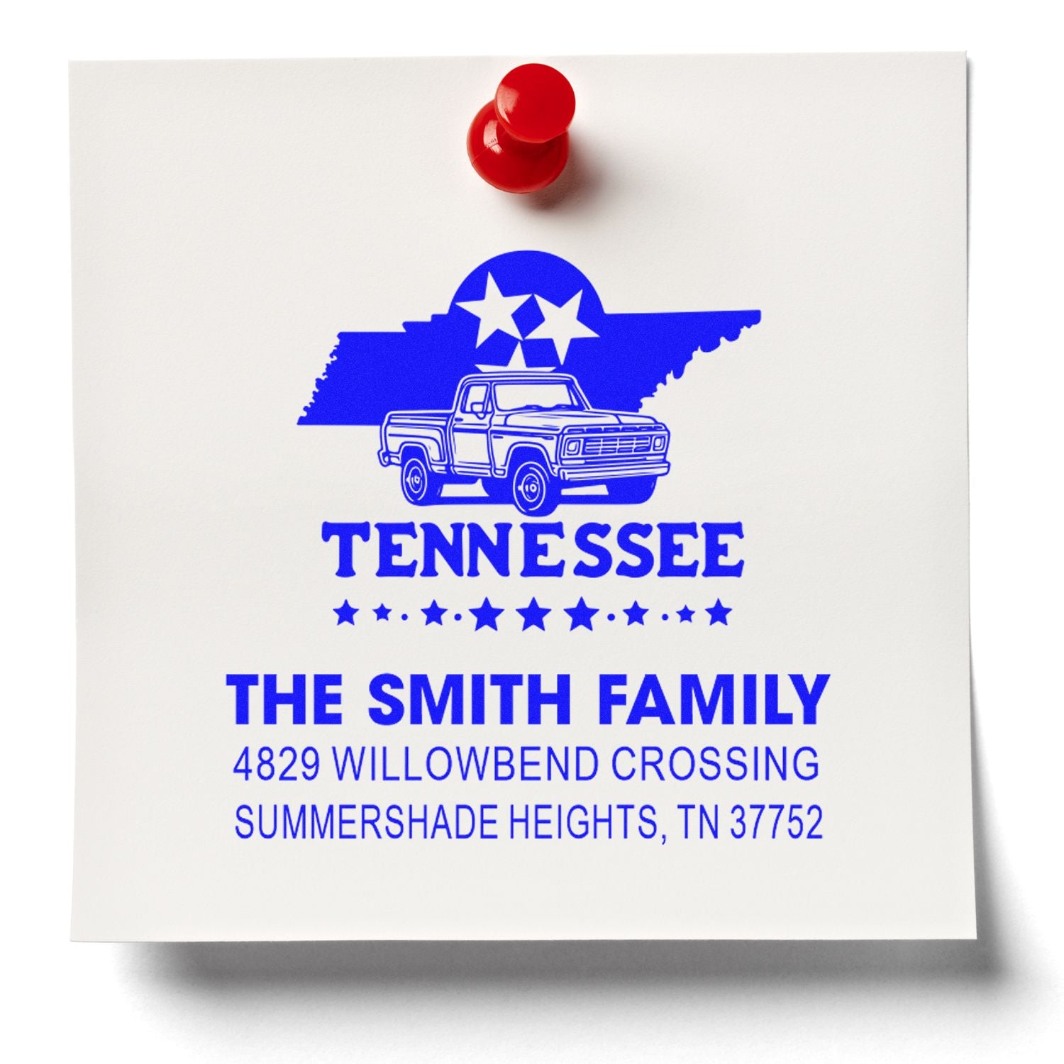 Custom Tennessee family return address rubber stamp with truck and state outline design for personalized mailing.