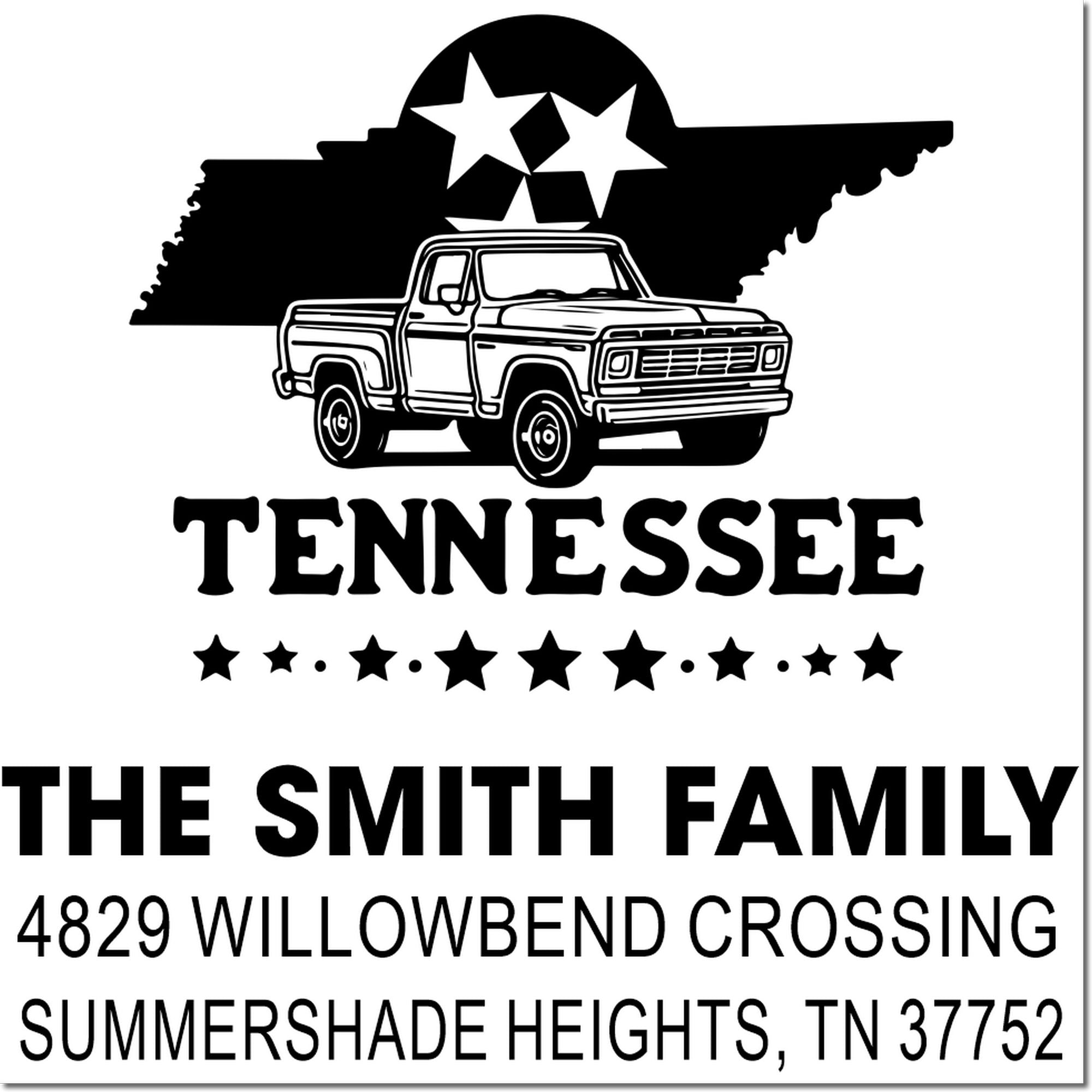 Custom Tennessee return address rubber stamp for The Smith Family, featuring pickup truck, state silhouette, and address.