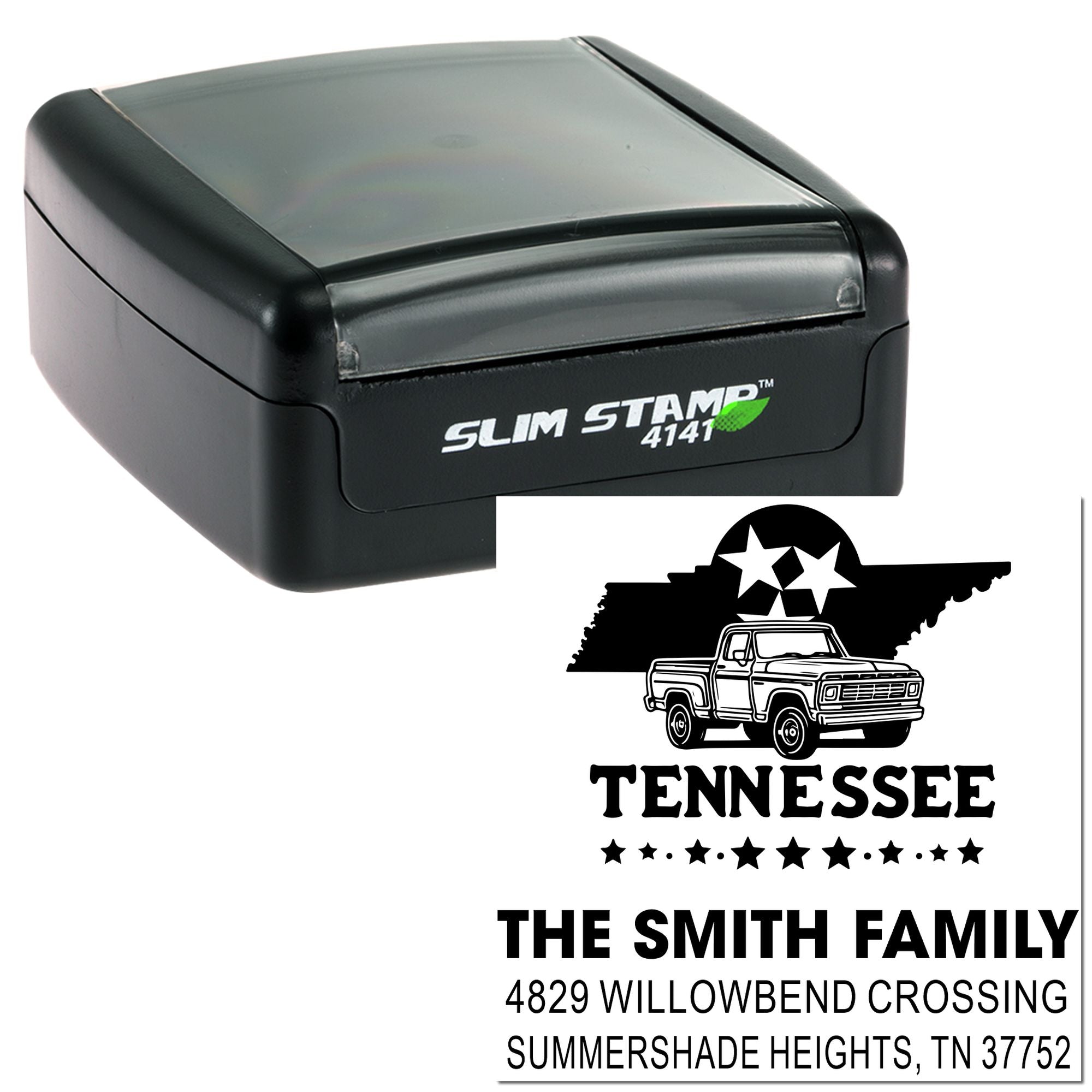 Custom Tennessee address rubber stamp with truck design, family name, and return mailing address.