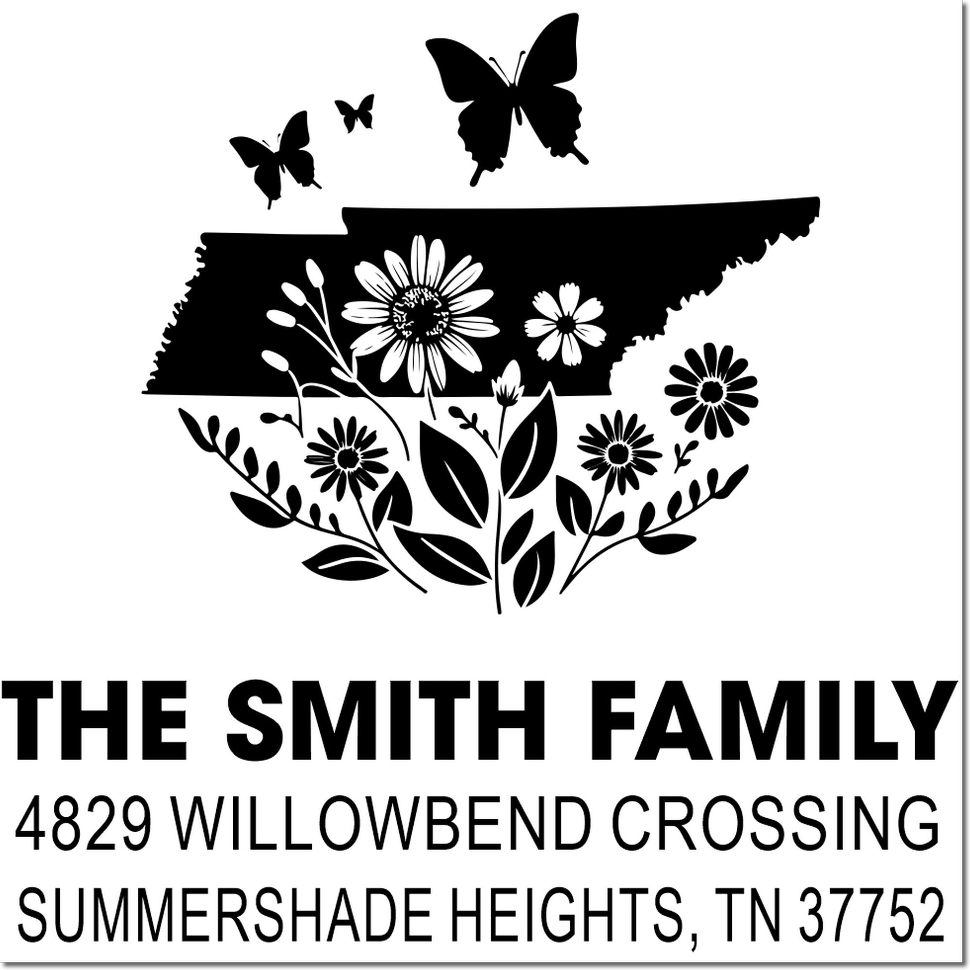Custom family address rubber stamp with Tennessee state silhouette, butterflies and floral design for The Smith Family, TN 37752