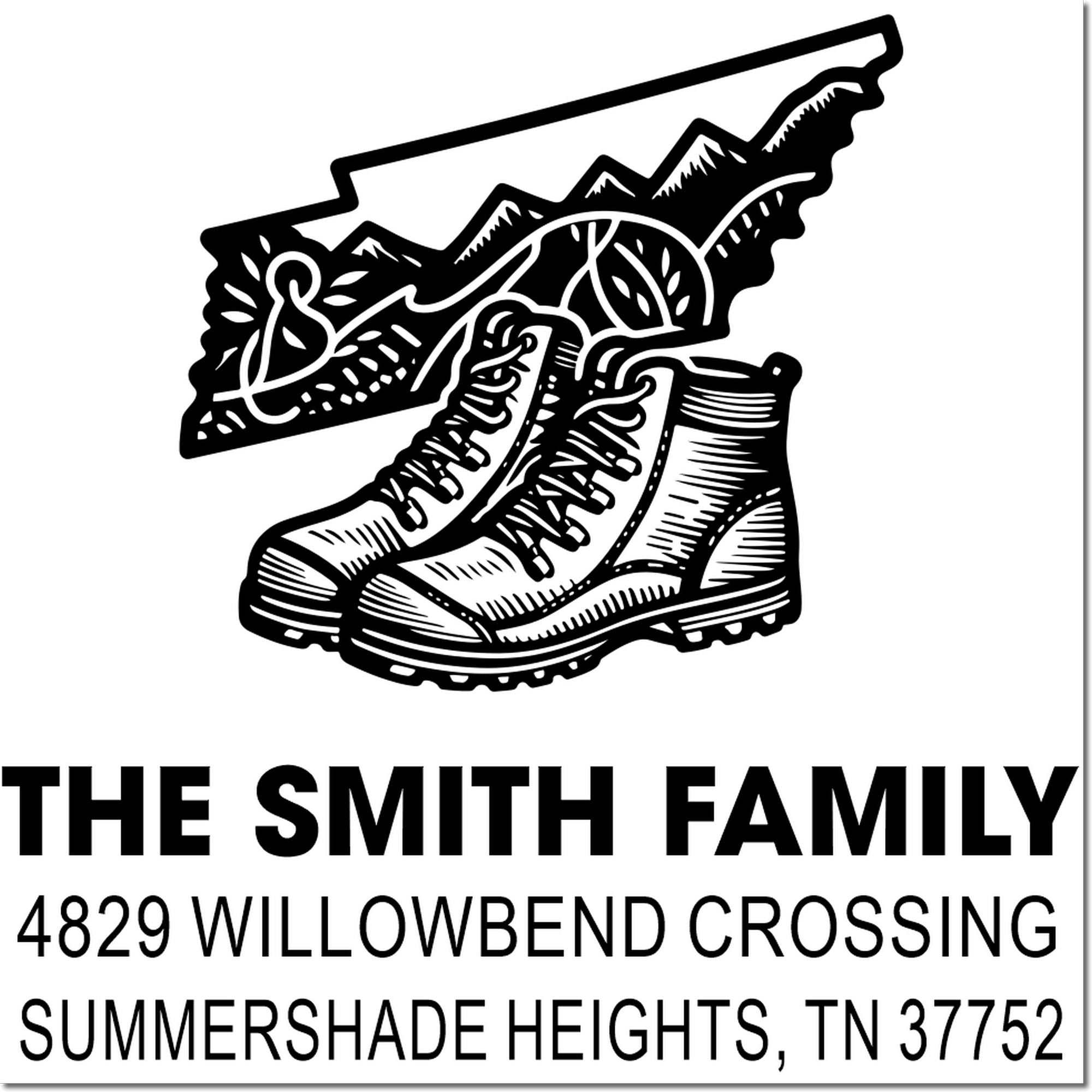 Custom return address rubber stamp for The Smith Family with hiking boots, mountains, and Tennessee address.
