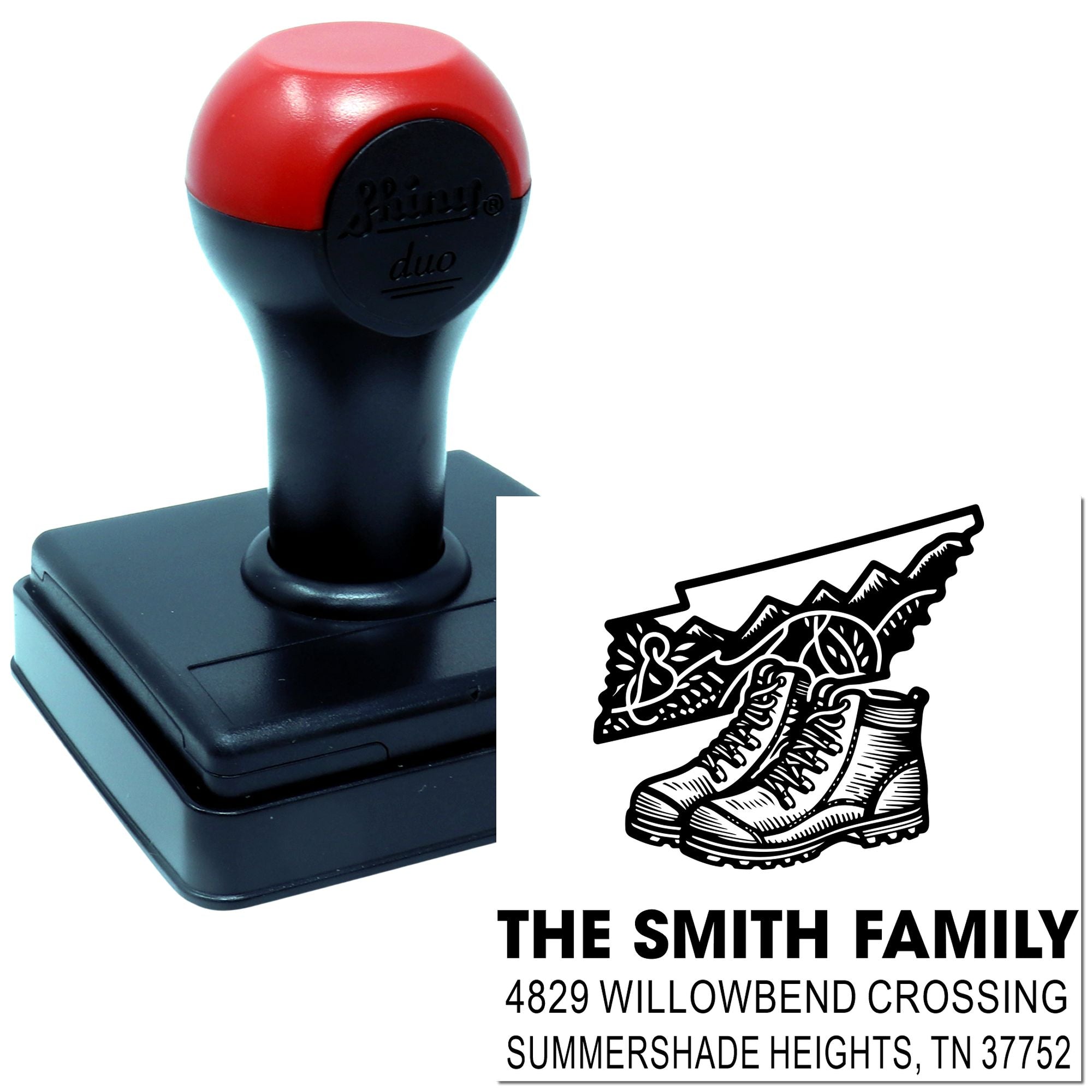 Custom self-inking address stamp with personalized family name and hiking boots design imprint.