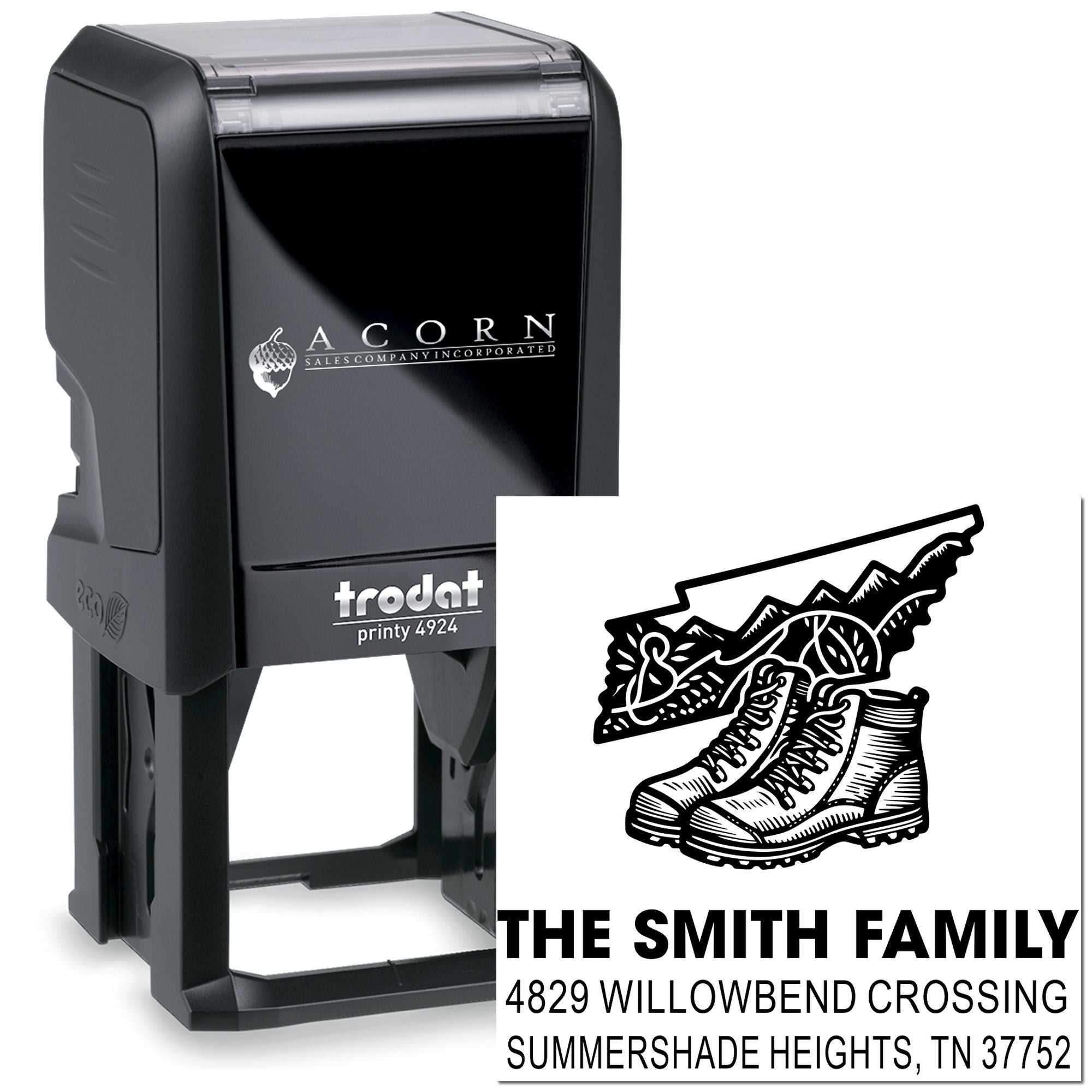 Custom self-inking rubber stamp with hiking boot family address design for The Smith Family