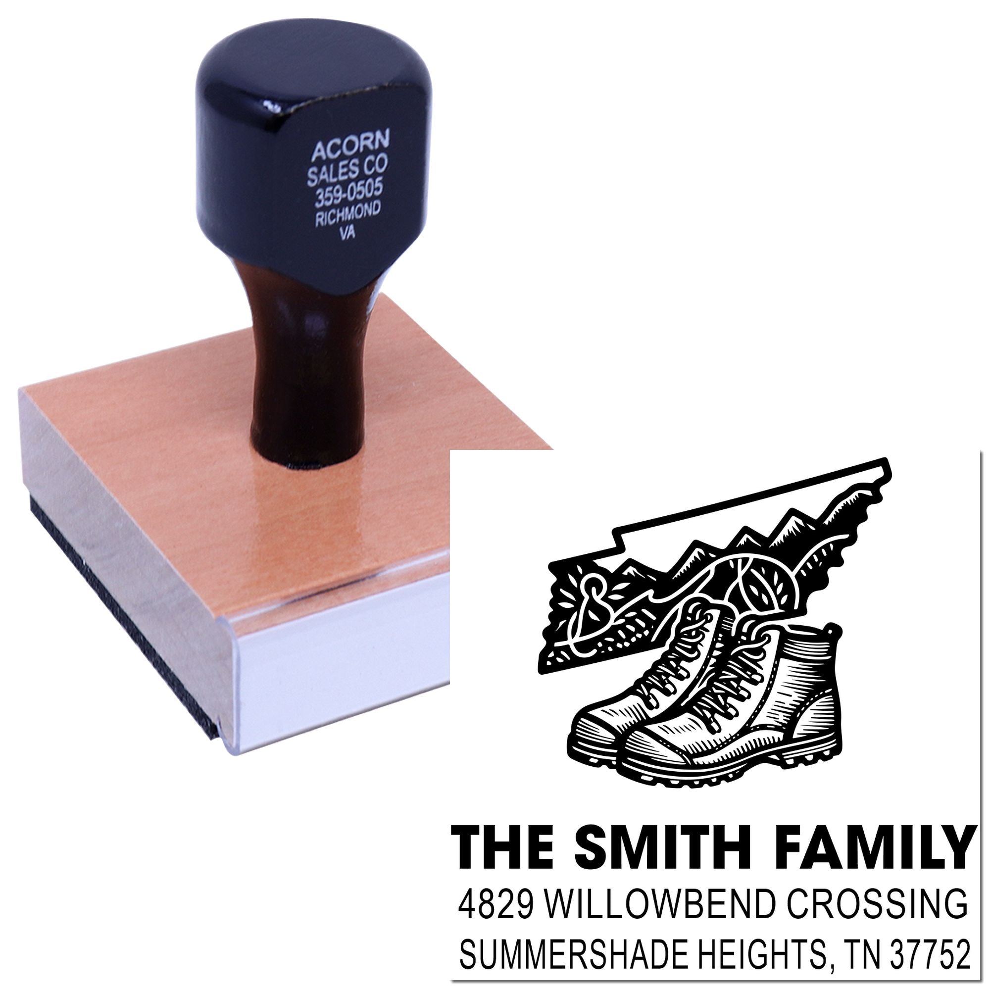 Custom rubber address stamp with hiking boots design for personalized family mailing labels and correspondence.