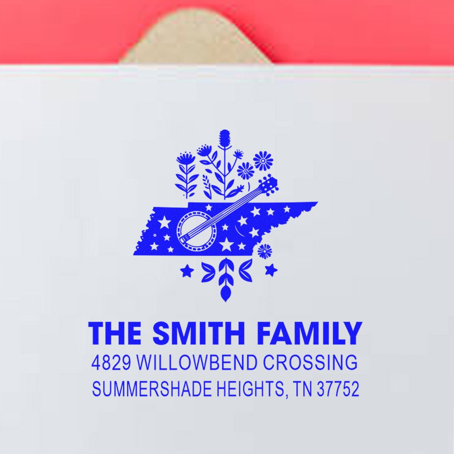 Custom family return address rubber stamp with floral Tennessee design for The Smith Family, Summershade Heights, TN 37752.