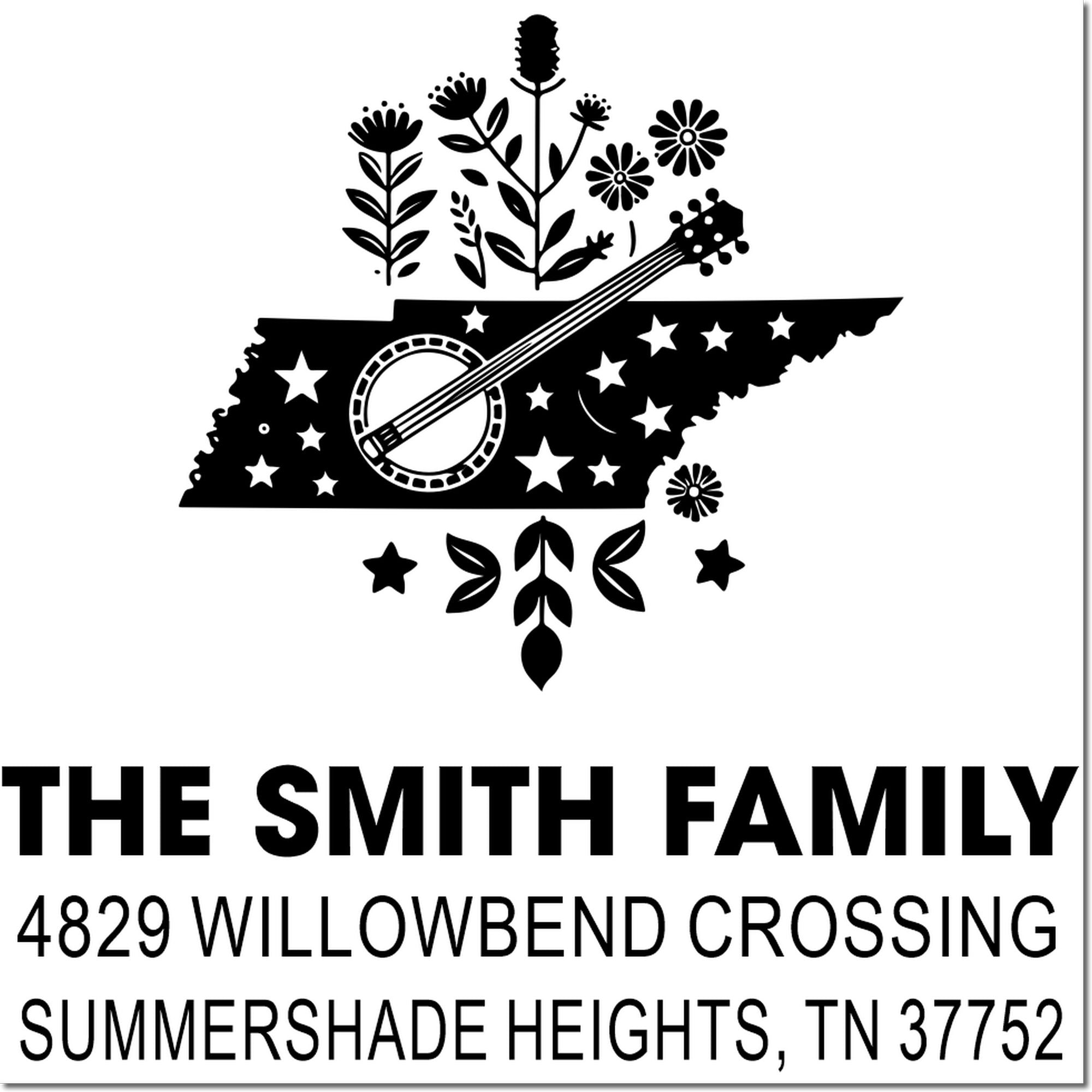 Custom return address stamp with Tennessee floral guitar design for The Smith Family, 4829 Willowbend Crossing, TN 37752.