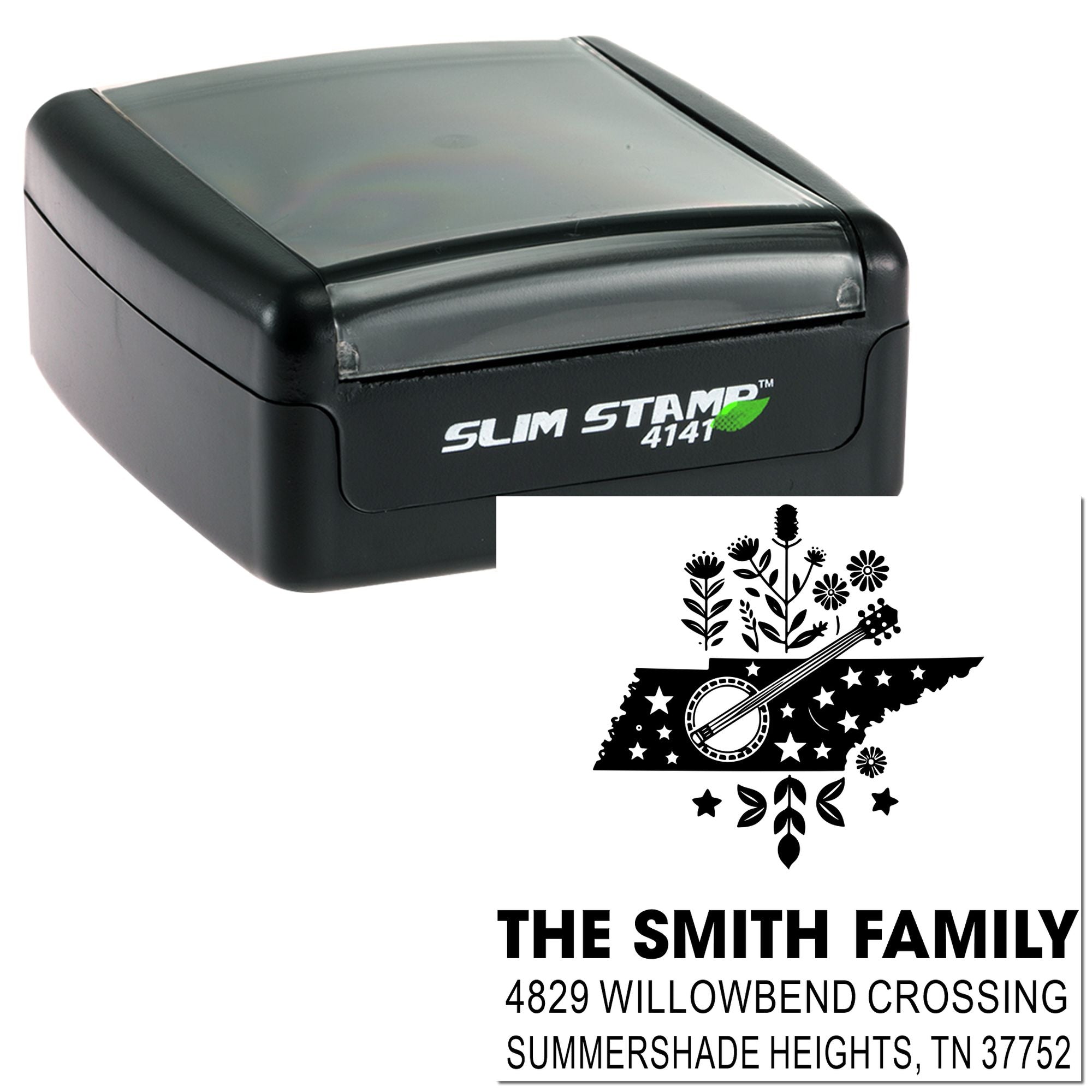Custom self-inking rubber stamp with Slim Stamp 4141 and Smith family return address design for Tennessee mailings.