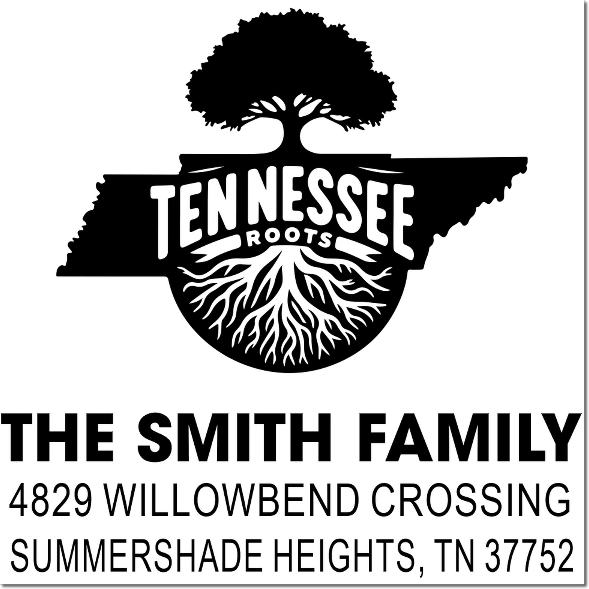 Custom Tennessee roots family return address rubber stamp for The Smith Family, Summershade Heights, TN 37752.