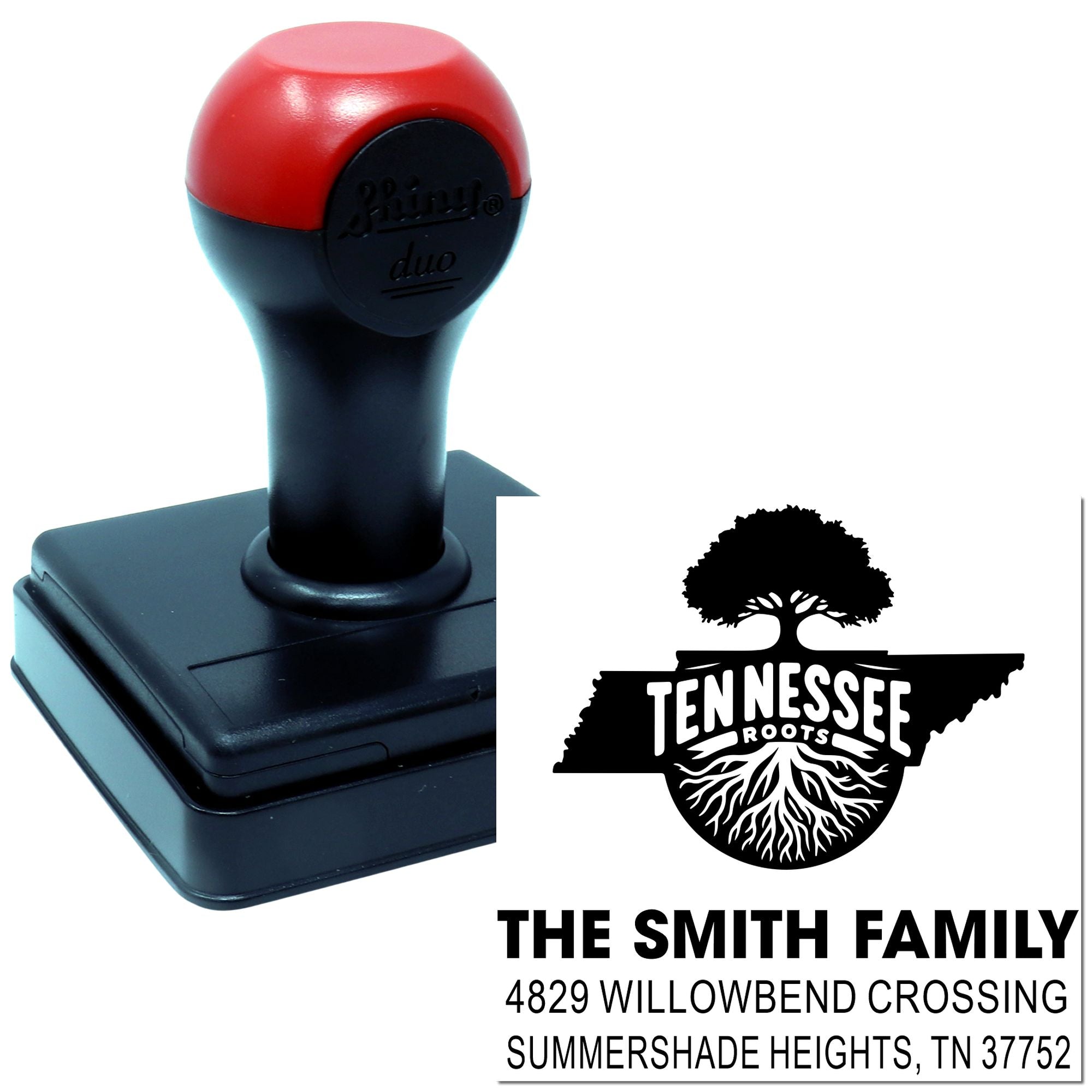 Custom Tennessee Roots self-inking rubber stamp with family name and return address for personalized mailings and crafts.