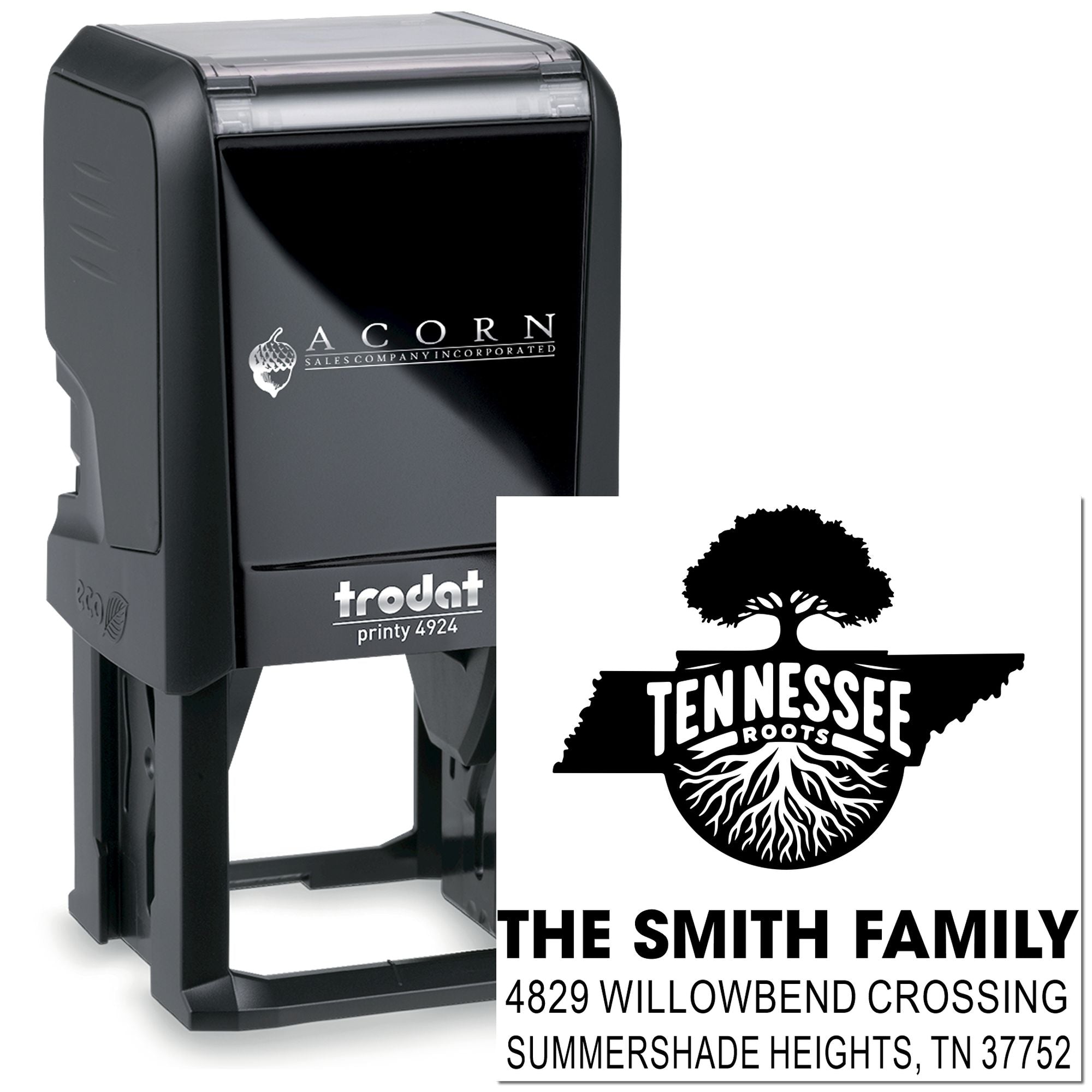 Custom self-inking return address rubber stamp with Tennessee Roots design for The Smith Family home address.