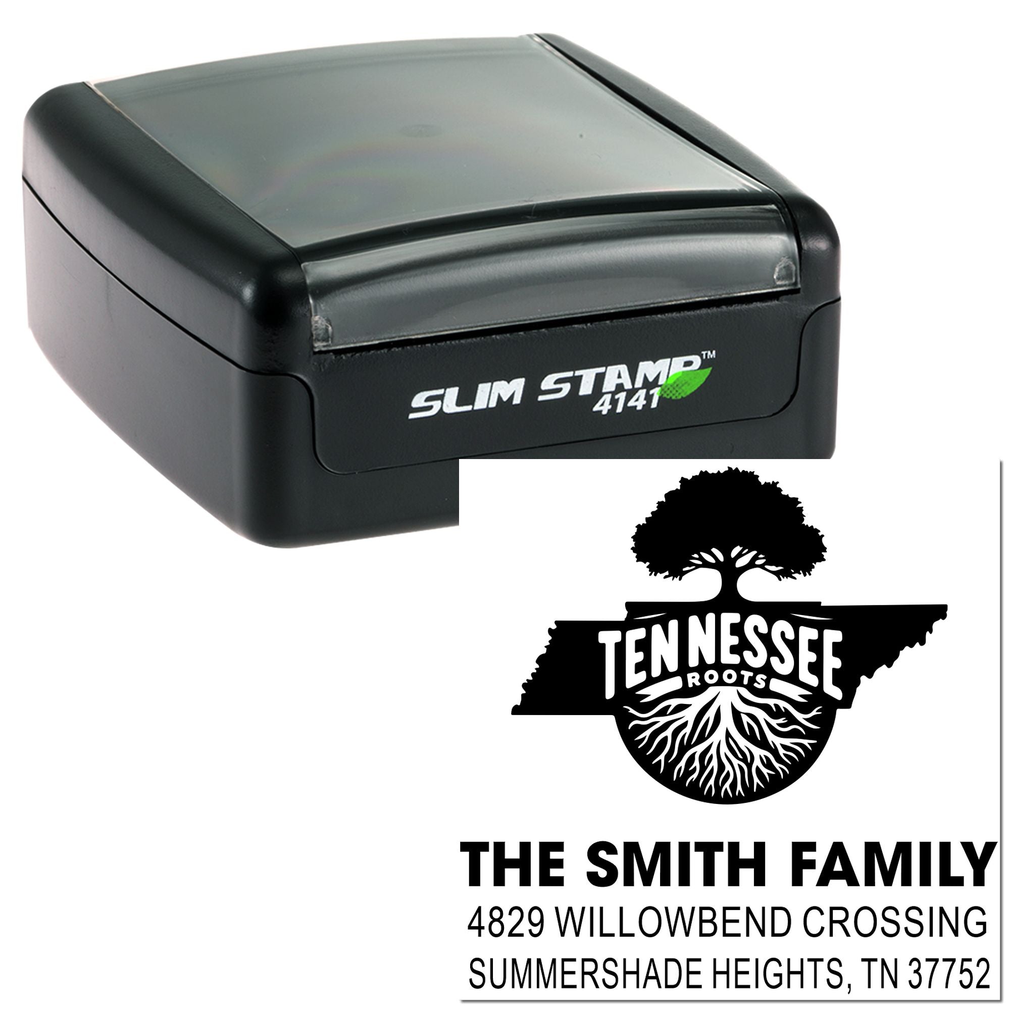 Slim Stamp 4141 self-inking rubber stamp with Tennessee Roots custom return address for The Smith Family
