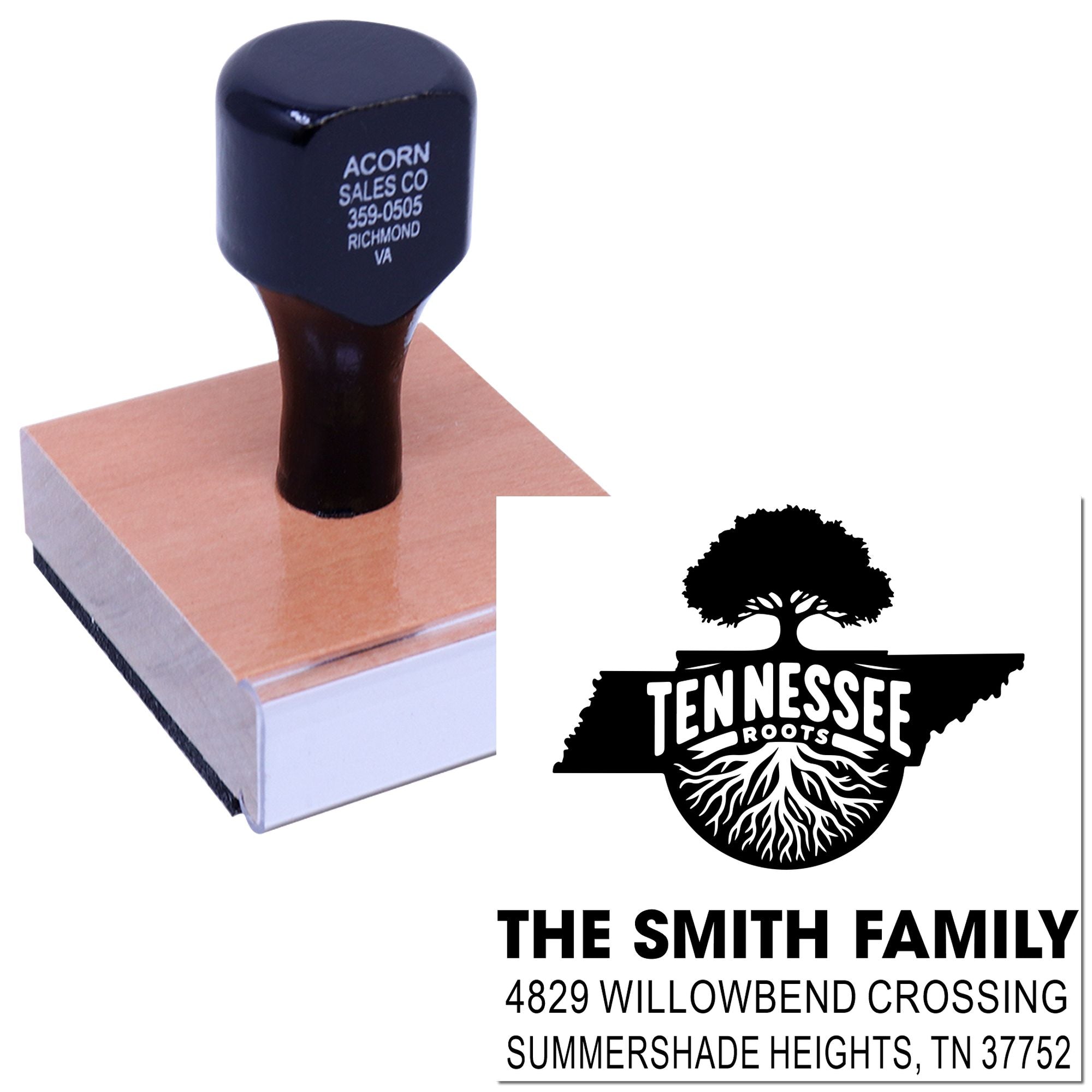 Personalized rubber address stamp with Tennessee Roots design, family name, and return address for mailing.