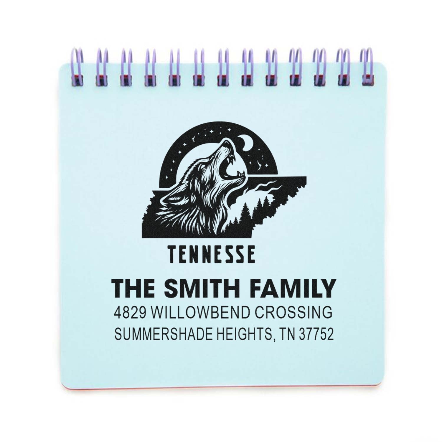Custom Tennessee return address rubber stamp with wolf design and The Smith Family name and address for personalized mailing.