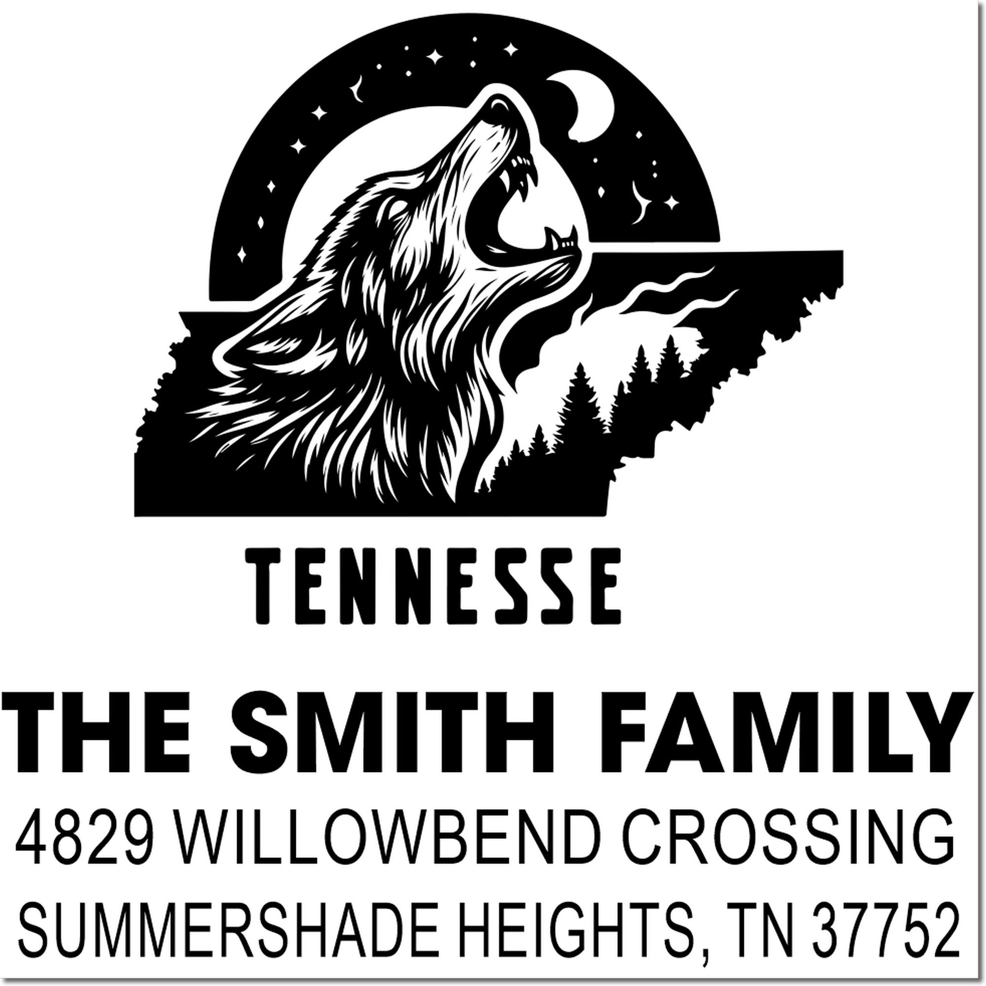 Personalized Tennessee wolf return address rubber stamp for The Smith Family, with custom mailing address in Summershade Heights, TN.