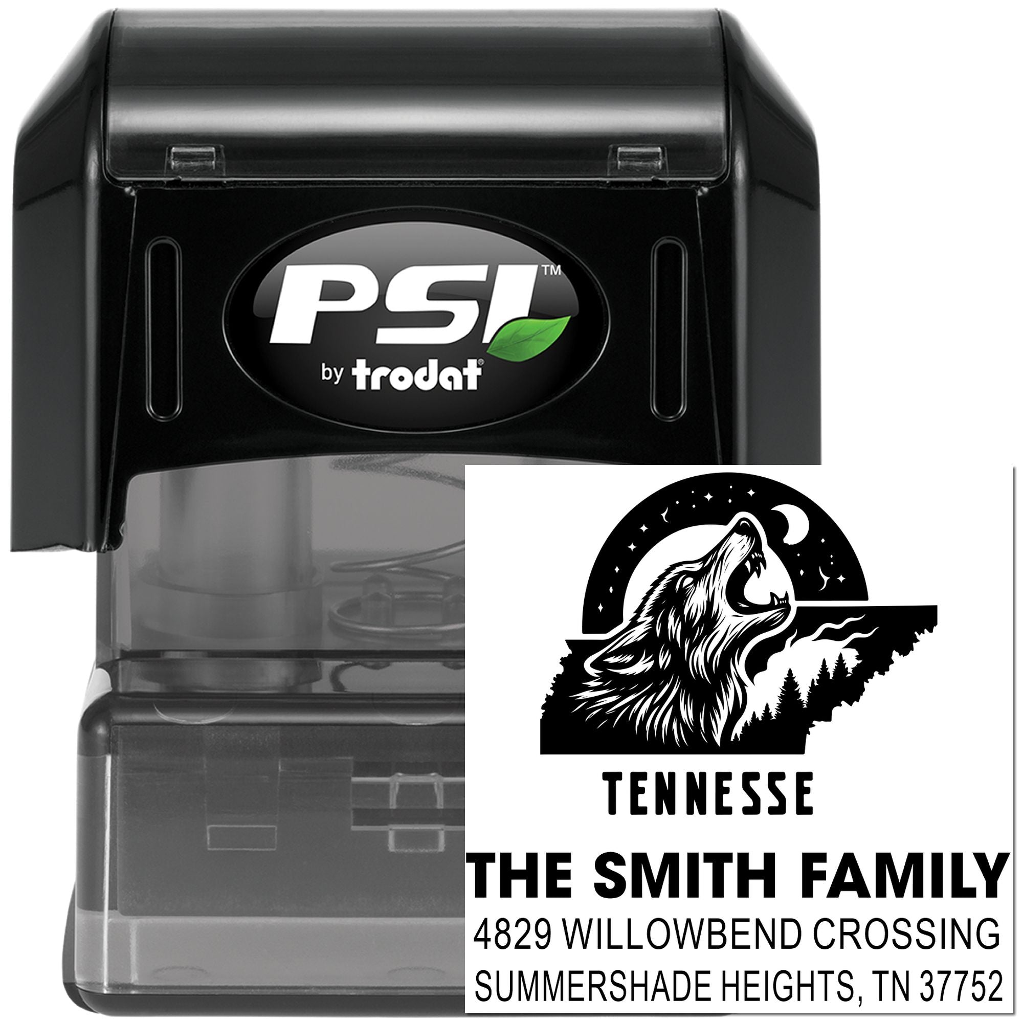 PSI by Trodat custom self-inking rubber address stamp with Tennessee wolf family return address design