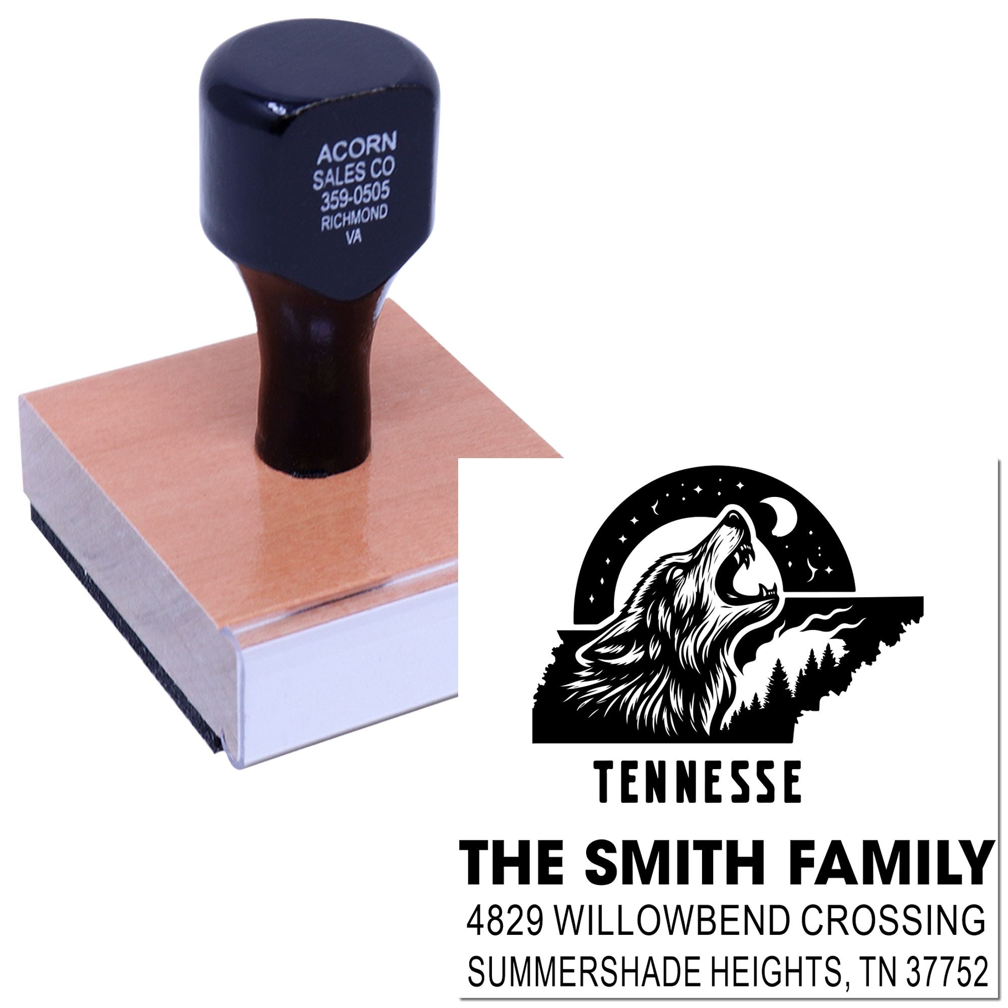 Custom Tennessee family address rubber stamp with wolf design for personalized home mailing imprint.